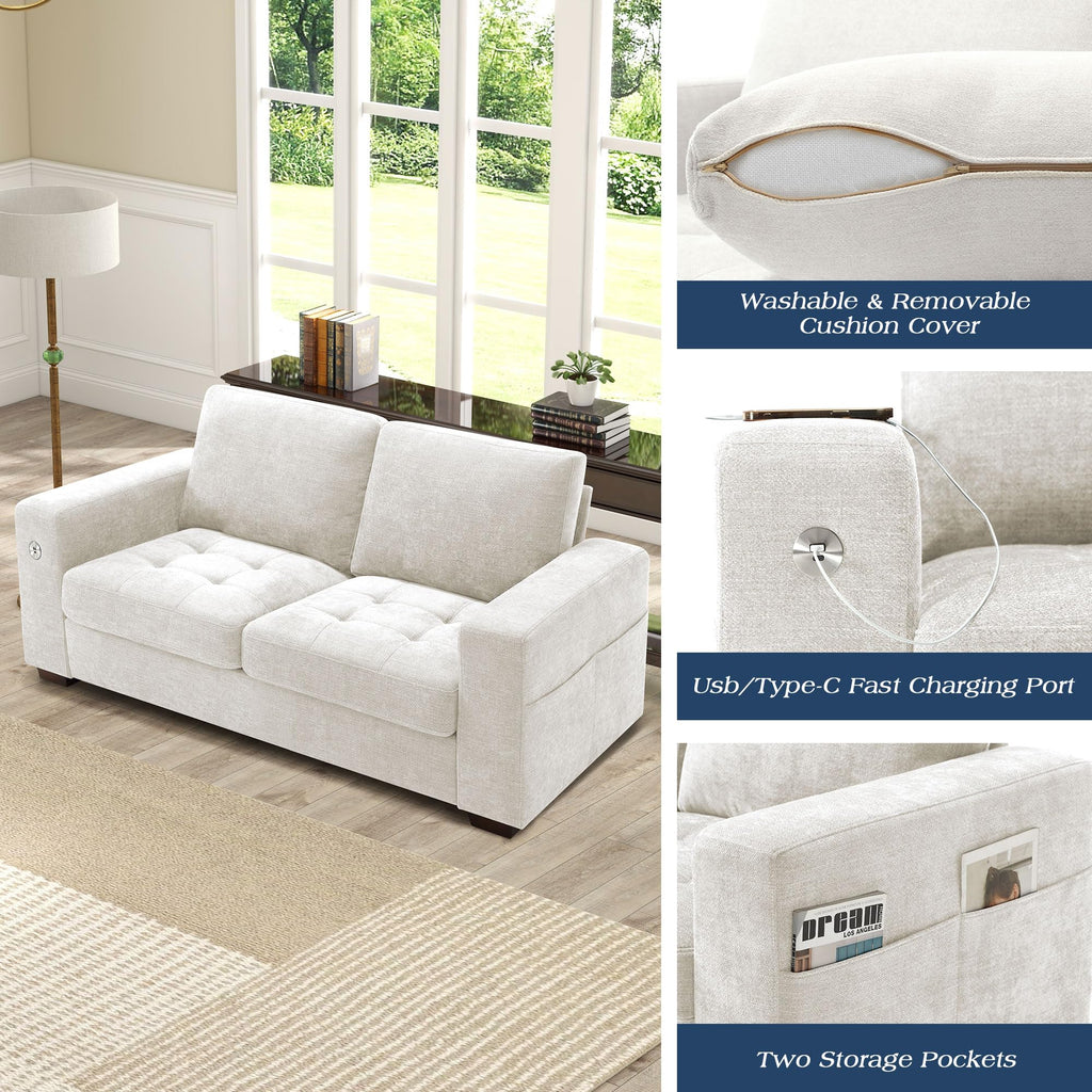 WorthFurni Sofas for Living Room, Chenille Loveseat Couch Set, Small Sofa, 3 Seater Sofa, USB Charging, Removable Sofa Cover,Solid Wood Frame, Easy to Install(70inch,Beige)
