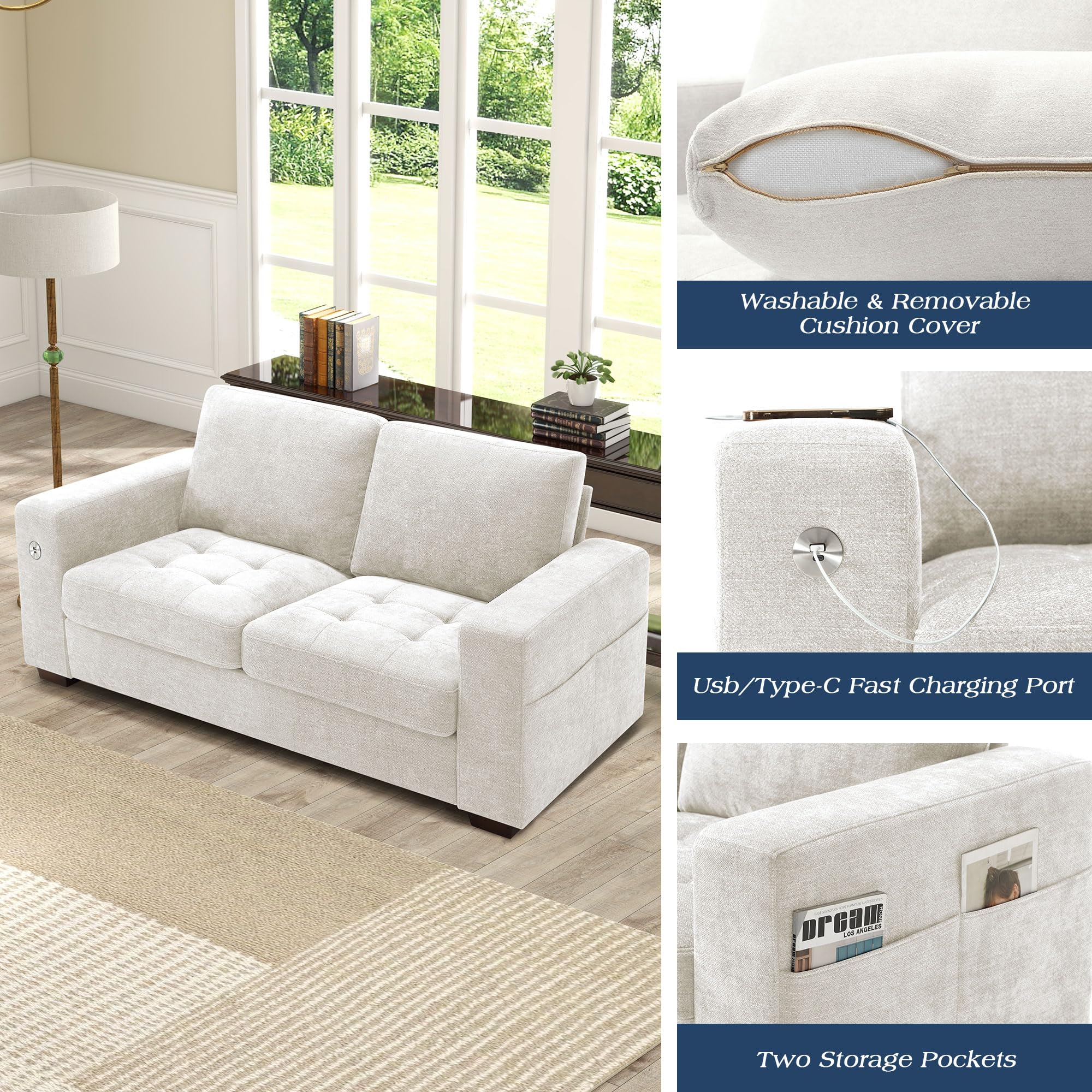 WorthFurni Sofas for Living Room, Chenille Loveseat Couch Set, Small Sofa, 3 Seater Sofa, USB Charging, Removable Sofa Cover,Solid Wood Frame, Easy to Install(70inch,Beige)