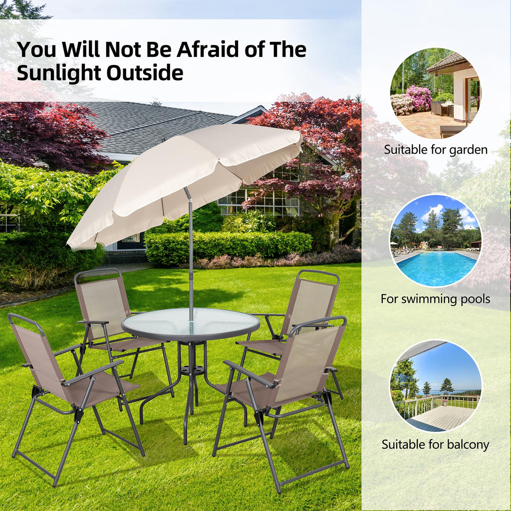 Vongrasig 6 Piece Folding Patio Dining Set,Small Metal Outdoor Garden Patio Table and Chair Set w/Umbrella for Lawn,Deck,Backyard,Black