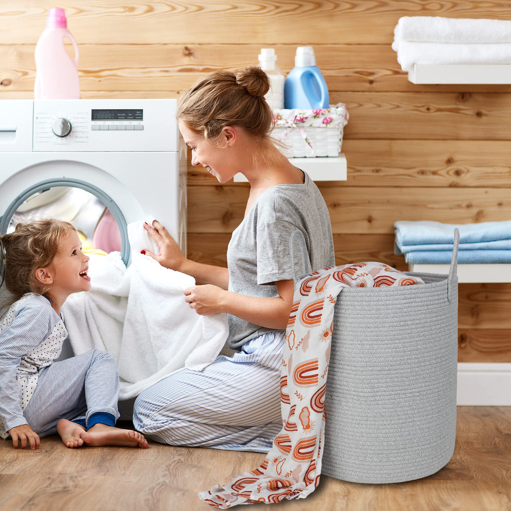 XUANGUO Black Cotton Rope Laundry Basket Hamper for Clothes Woven Storage Basket for Living Room Bedroom Boho Tall Rope Baskets for Blanket Toys Pillow Towels Baby Nursery Hamper Bin Large