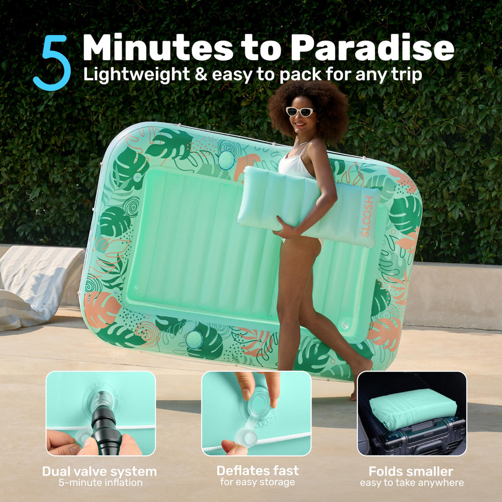 SLOOSH Inflatable Tanning Pool Lounger Float, 85" x 57" Extra Large Pool Floats Adult with Pillow, 4 in 1 Suntan Tub Raft Floatie,Sunbathing Bed Lounge for Water Blow Up Ball Pit Party Gifts, XL-Blue