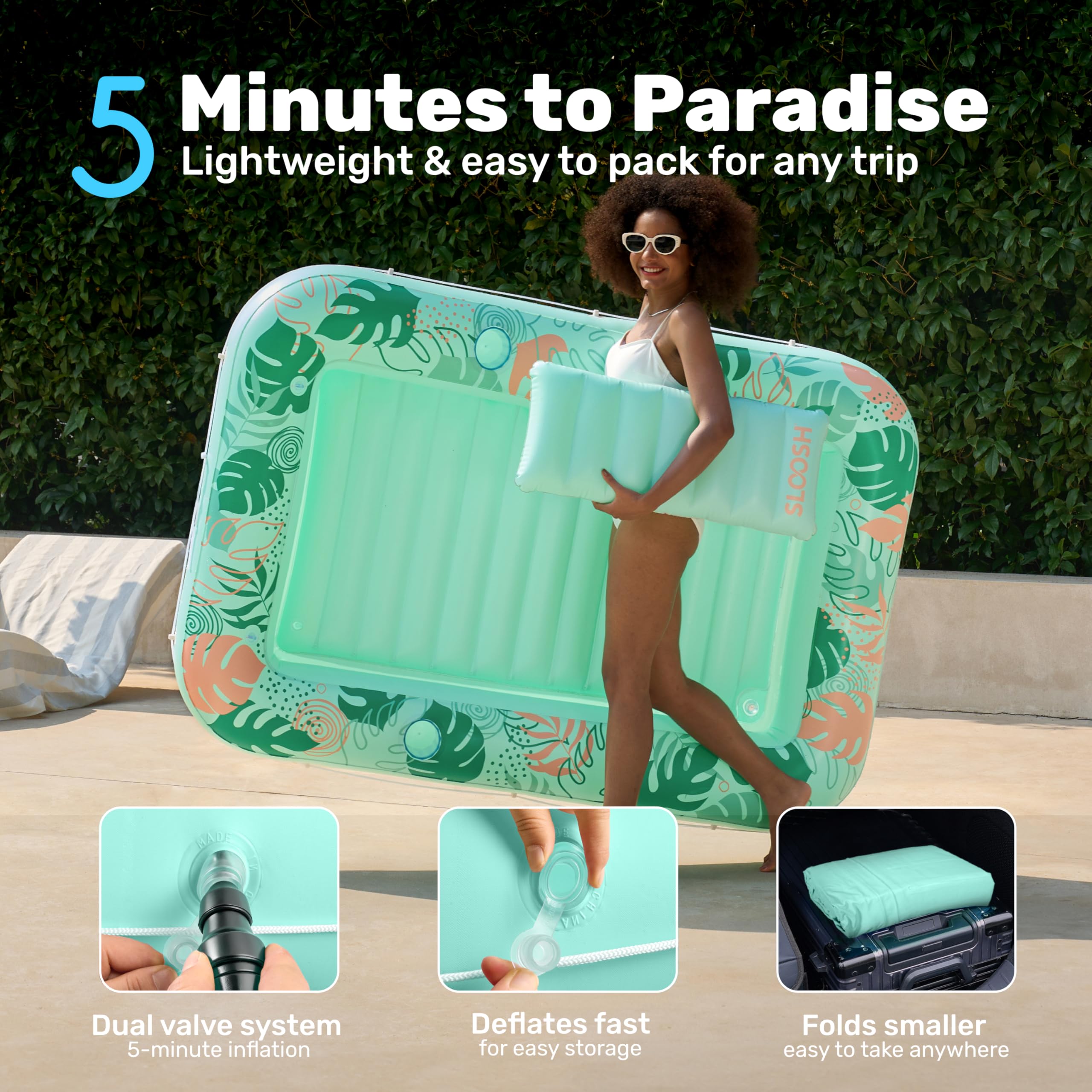 SLOOSH Inflatable Tanning Pool Lounger Float, 85" x 57" Extra Large Pool Floats Adult with Pillow, 4 in 1 Suntan Tub Raft Floatie,Sunbathing Bed Lounge for Water Blow Up Ball Pit Party Gifts, XL-Blue