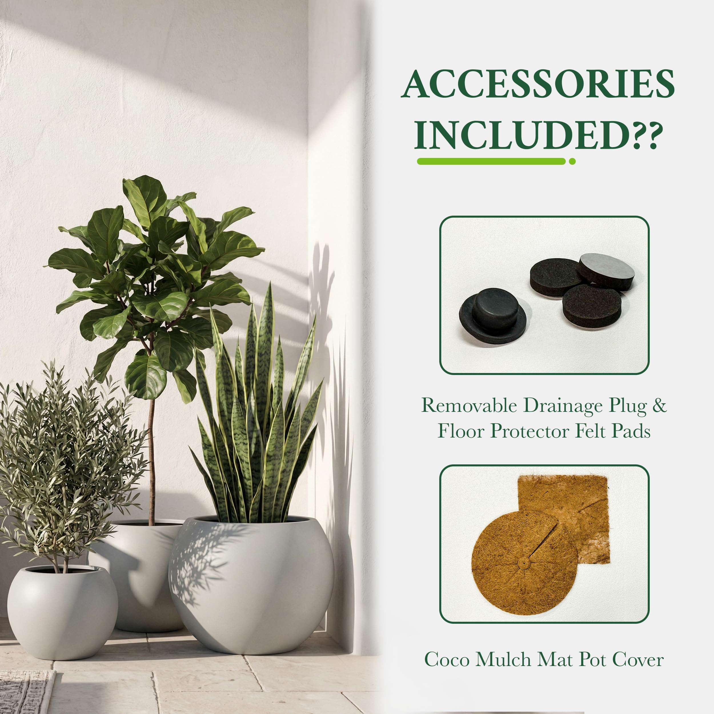 DTY Fiberstone Globe Planter Indoor Outdoor — Lightweight Sphere Ball Pot for Olive Tree, Monstera & Palm | Fiberglass Stone | UV Resistant, Drainage Hole | 2 Coco Mats | Black | 12.6" D × 10" H