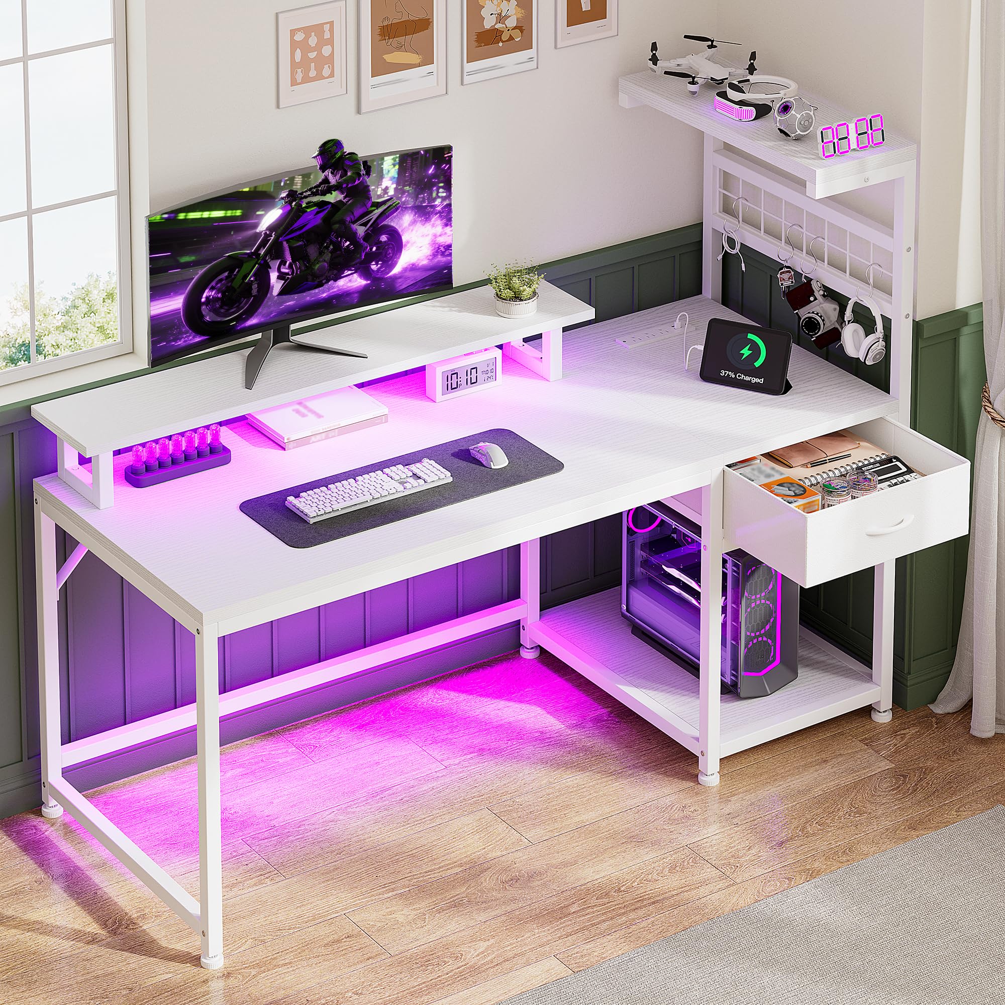 EnHomee 40" Gaming Desk with Power Outlets & LED Lights, Computer Desk with Drawer & Storage Shelve, Home Office Desk with Monitor Stand for Living Room, Study Room, Gaming Room, Black