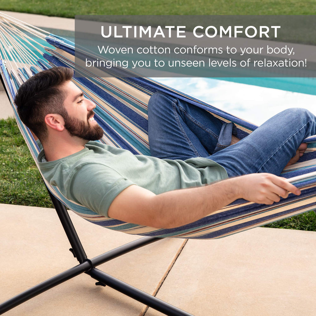 Best Choice Products Double Hammock with Steel Stand, Indoor Outdoor Brazilian-Style Cotton Bed w/Carrying Bag, 2-Person Capacity - Abyss
