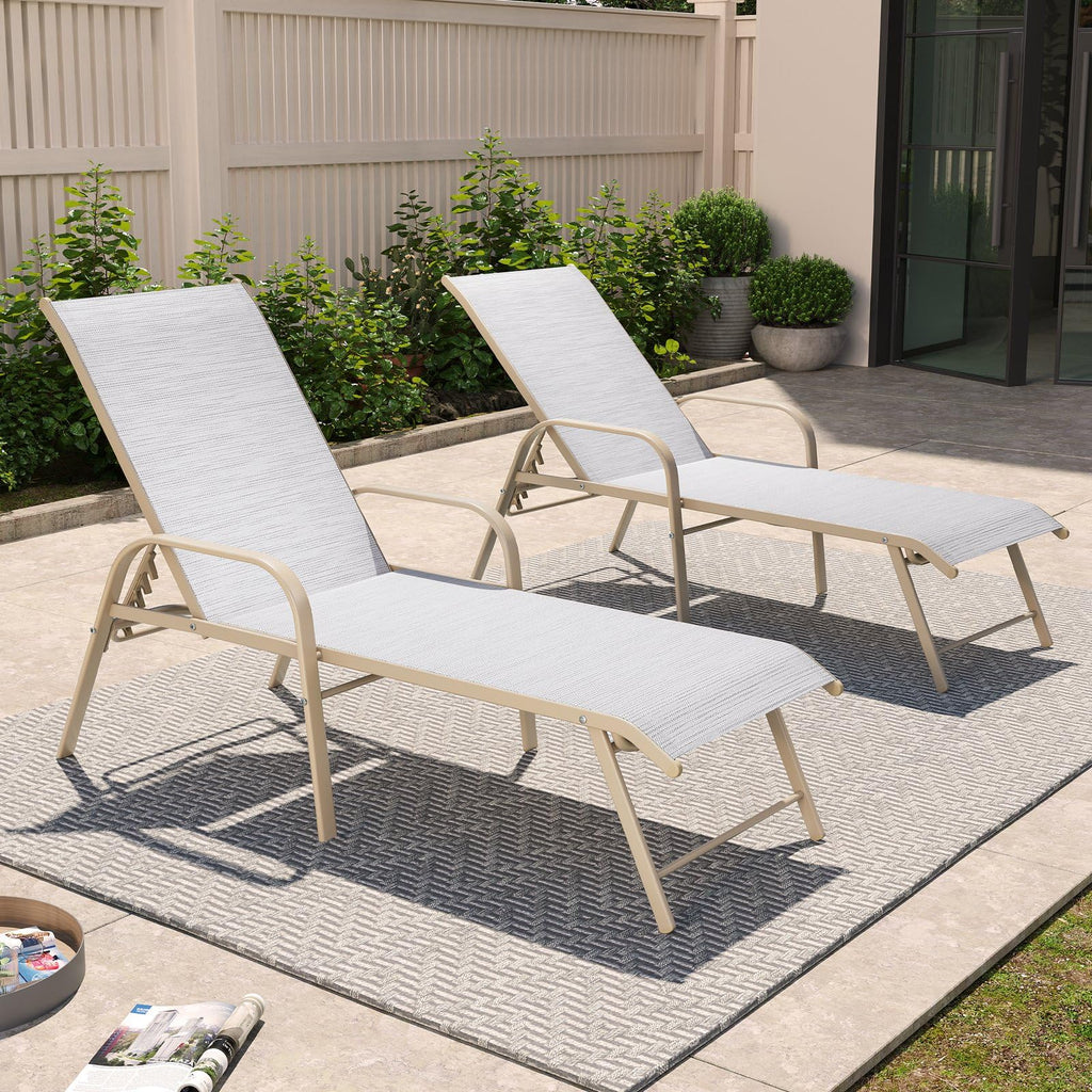 Crestlive Products Chaise Lounge Chair Outdoor with Armrests, Pool Lounge Chairs Set of 2, Aluminum Adjustable 5 Positions Sun Tanning Lounger for Patio, Poolside, Yard, Deck, Backyard (Beige)