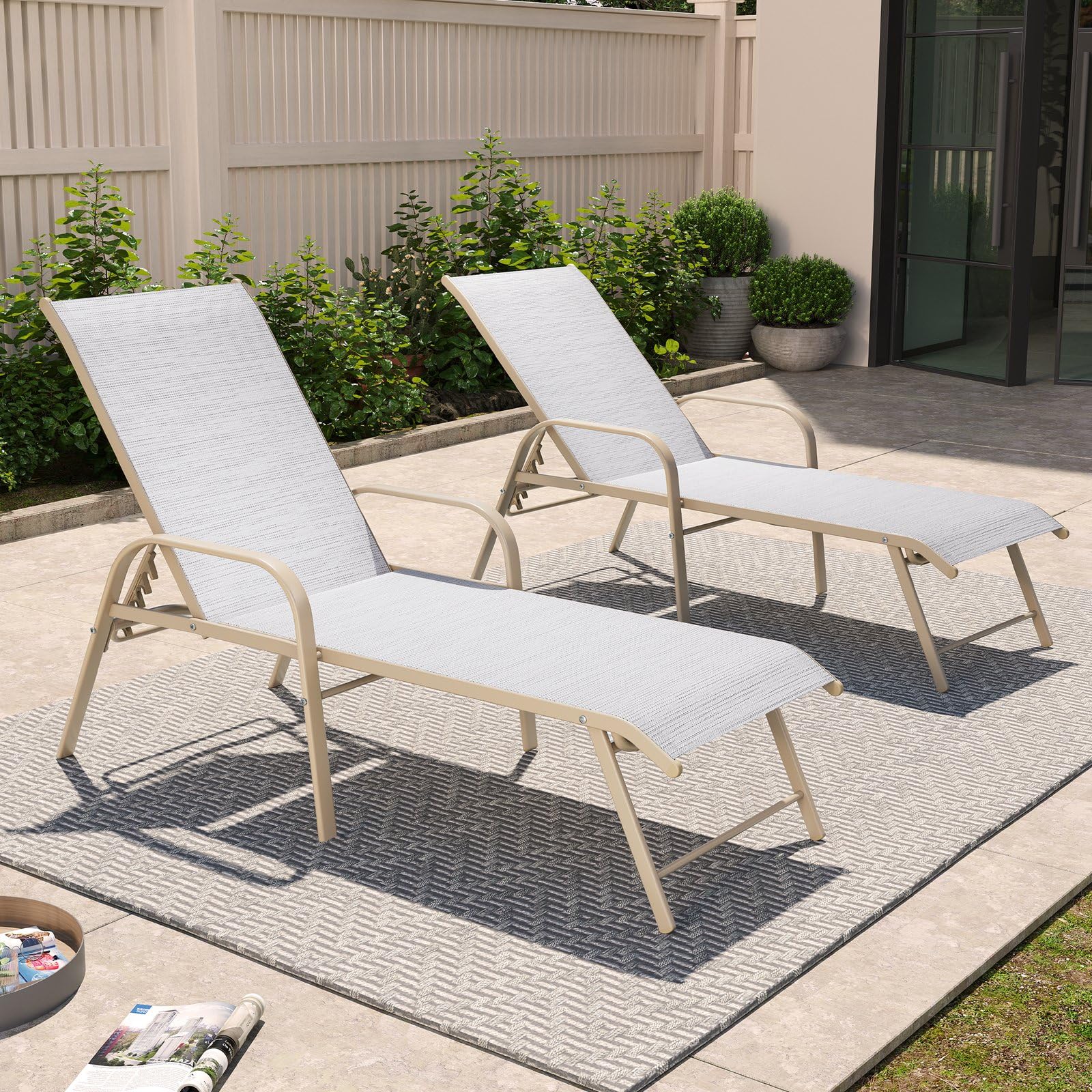 Crestlive Products Chaise Lounge Chair Outdoor with Armrests, Pool Lounge Chairs Set of 2, Aluminum Adjustable 5 Positions Sun Tanning Lounger for Patio, Poolside, Yard, Deck, Backyard (Beige)