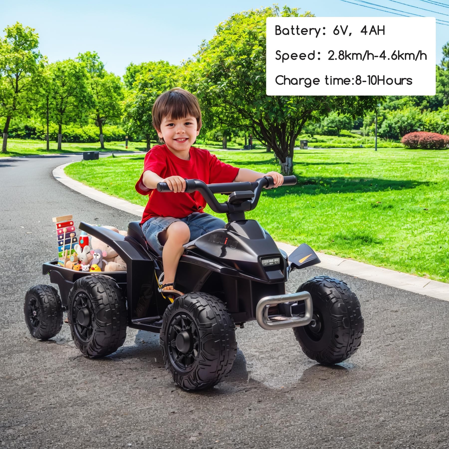 Kids Ride on ATV, 6V Battery Powered Kids Electric Vehicle, 4 Wheeler Quad w/Headlights, MP3, USB, Volume Control, Large Seat, Electric Ride on Toys Best Gifts for 18-36 Months Boys Girls (Black)