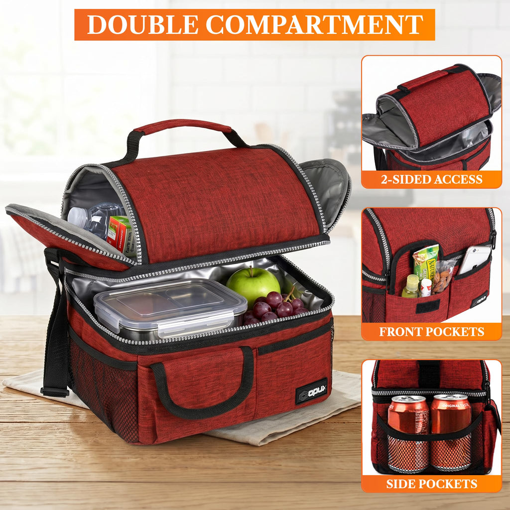 opux Insulated Lunch Bag Women Men, Dual Compartment Leakproof Lunch Box Adults Kids, Double Decker Meal Prep Bento Lunch Cooler Tote with Shoulder Strap for Work Office School Travel, Black