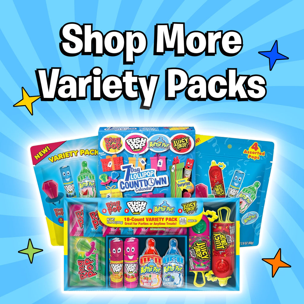 Assorted Candy Variety Pack 4 Count Lollipops - Ring Pop, Push Pop, Baby Bottle Pop & Juicy Drop - Ideal for Kids Party Favors, Party Favor Bags by Bazooka Brands