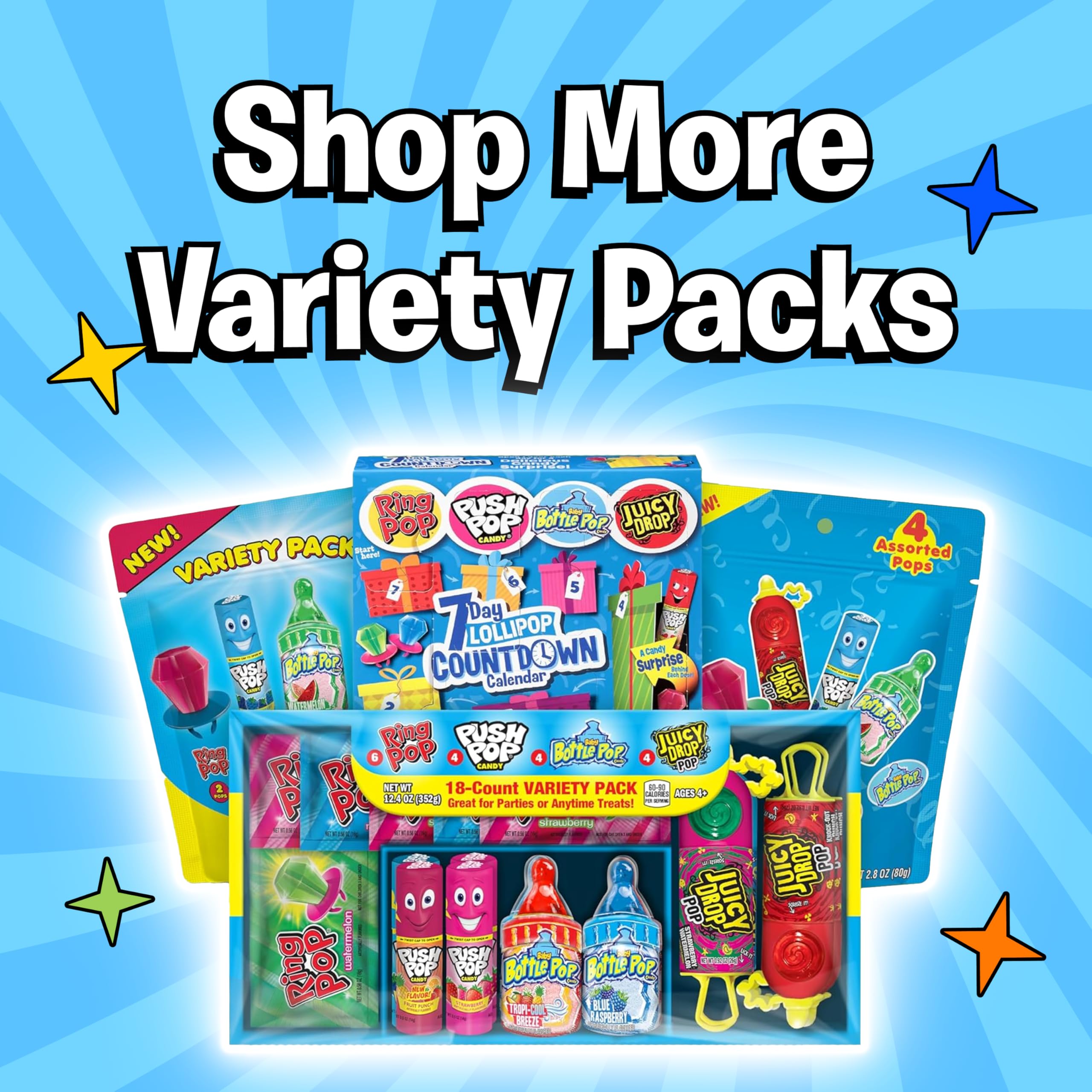 Assorted Candy Variety Pack 4 Count Lollipops - Ring Pop, Push Pop, Baby Bottle Pop & Juicy Drop - Ideal for Kids Party Favors, Party Favor Bags by Bazooka Brands