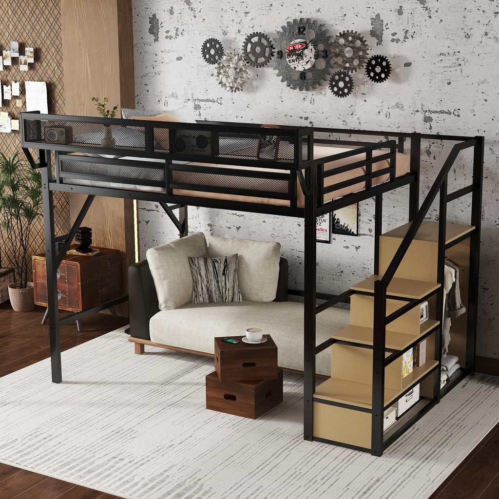 Mirightone Full Size Loft Bed with Stairs, Metal Loft Beds, High Loft Bed Frame with Storage Shelves, Lofted Full Bed with Wardrobe for Kids and Teens, No Box Spring Needed (Black)