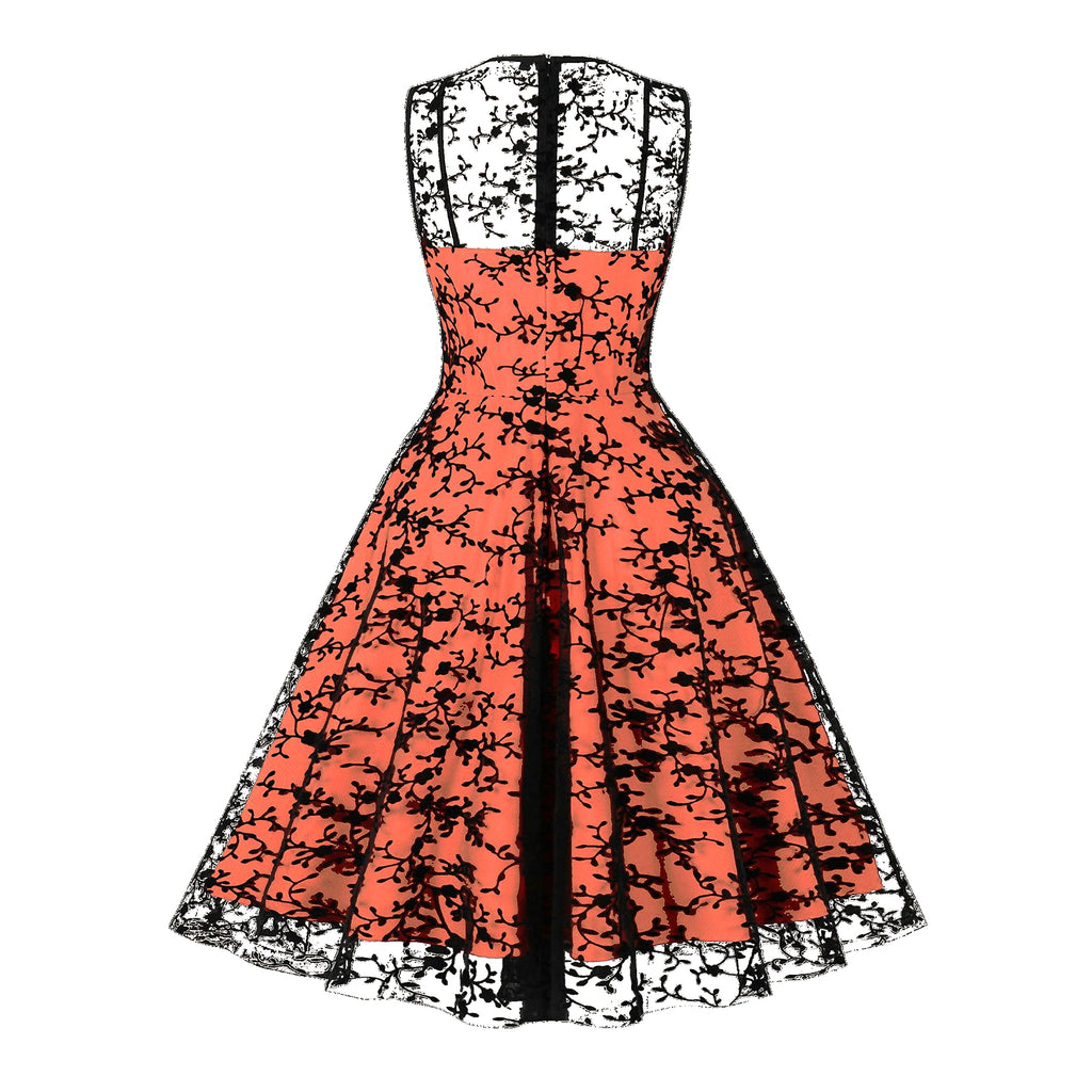 Women Mesh Floral Embroidery Vintage Cocktail Swing Dress Illusion 50s Goth Flared A line Casual Wedding Prom Evening Dress