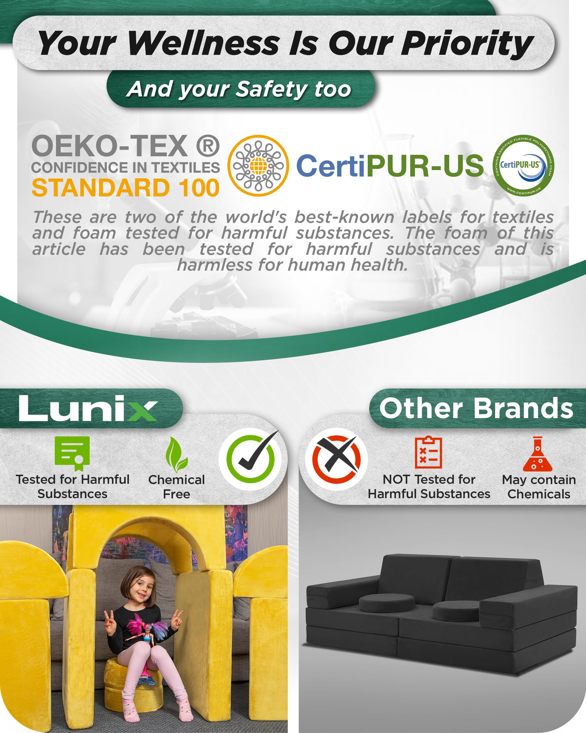 Lunix LX15 14pcs Modular Kids Play Couch, Child Sectional Sofa, Fortplay Bedroom and Playroom Furniture for Toddlers, Convertible Foam and Floor Cushion for Boys and Girls, Amber Yellow