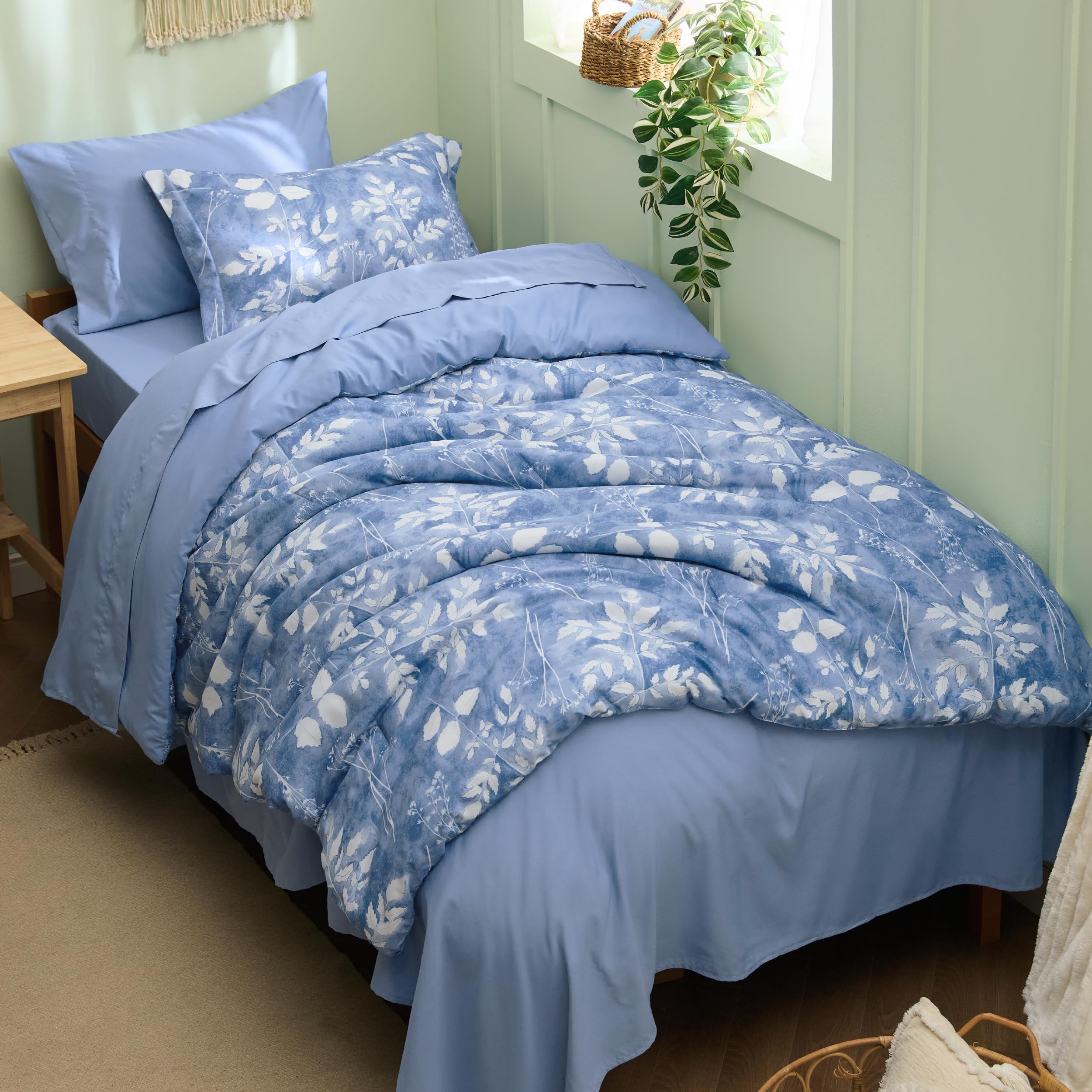 Bedsure Twin Comforter Set - 5 Pieces Floral Sage Green Soft Bedding Sets, Twin Bed in a Bag with Botanical Flowers Comforter, Sheets, Pillowcase & Sham