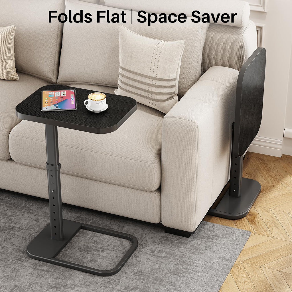 Kitstorack TV Tray Table, Adjustable Height & Rounded Metal Corners, Snack Table for Couch, Sofa, Bed, Chair, Living Room, C Shaped End Side Table for Eating, Dinner or Laptop, Small Spaces, Black