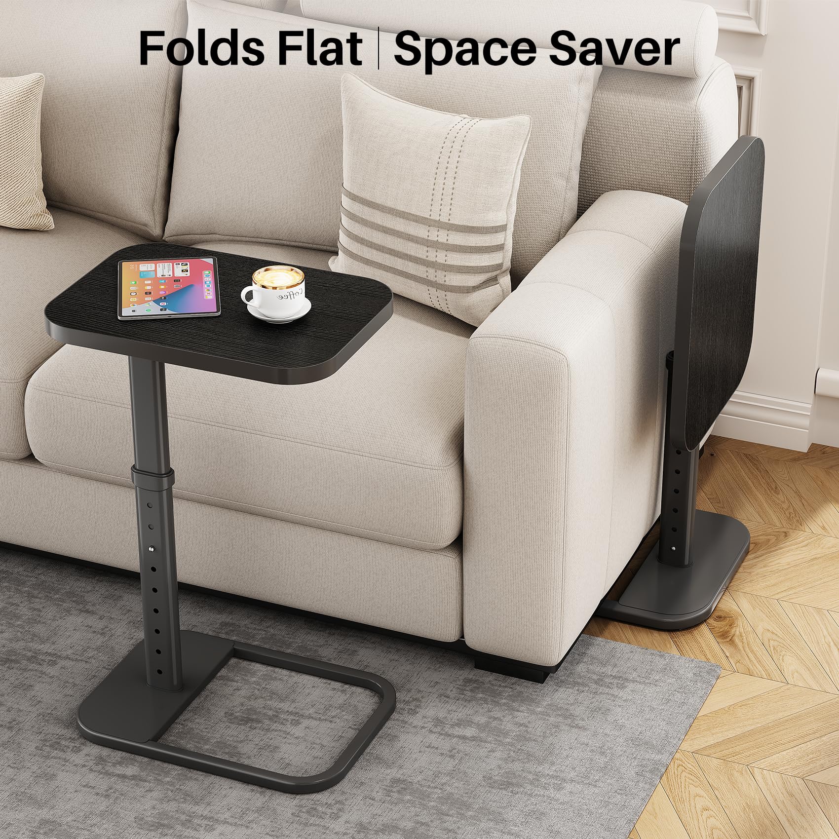 Kitstorack TV Tray Table, Adjustable Height & Rounded Metal Corners, Snack Table for Couch, Sofa, Bed, Chair, Living Room, C Shaped End Side Table for Eating, Dinner or Laptop, Small Spaces, Black