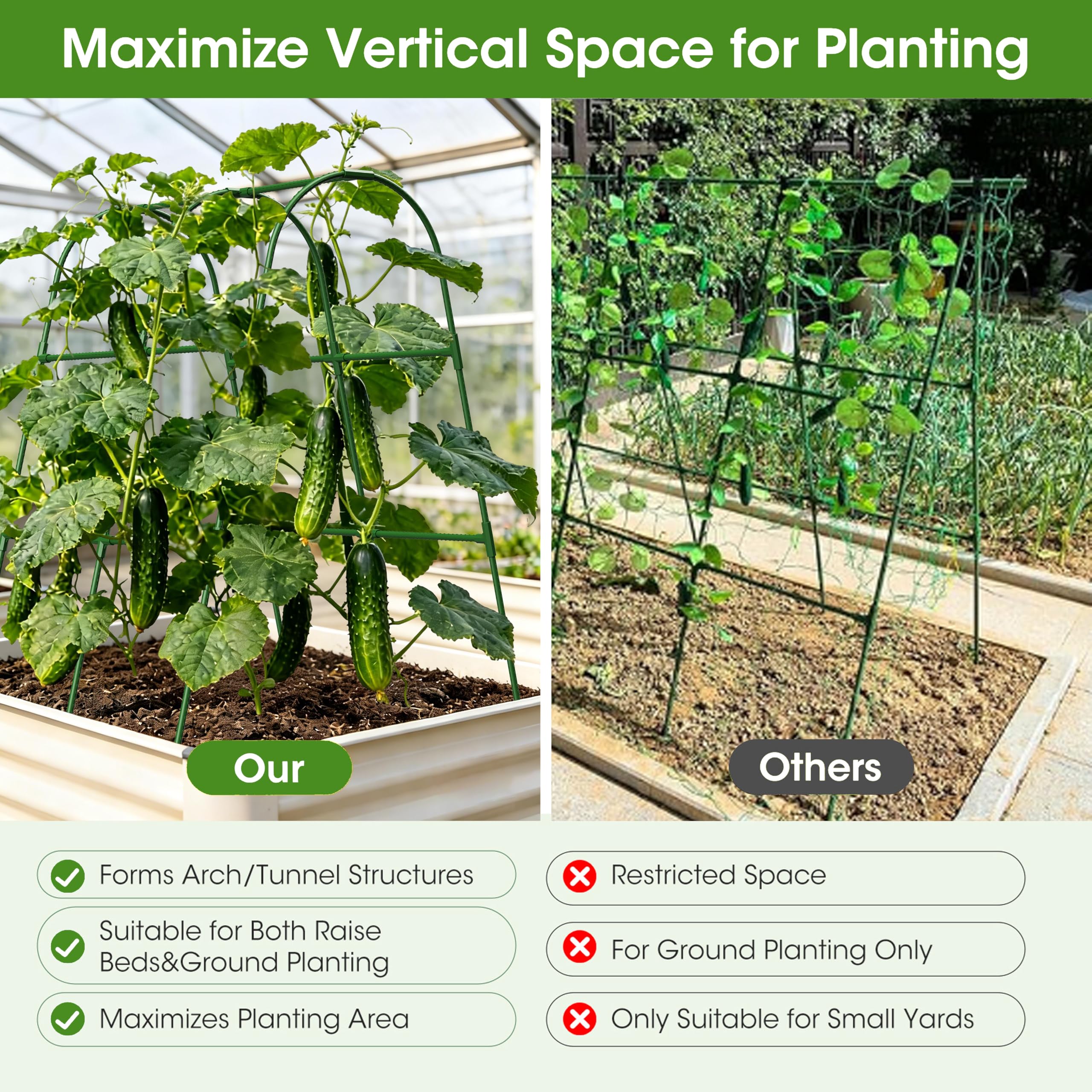 Cucumber Trellis for Raised Bed,U-Shape Garden Trellis for Climbing Plants Outdoor, Metal Arch Vegetables Trellis, Plant Support for Vine (Green, 31.5" Lx21.6 Wx47.2 H-Small)