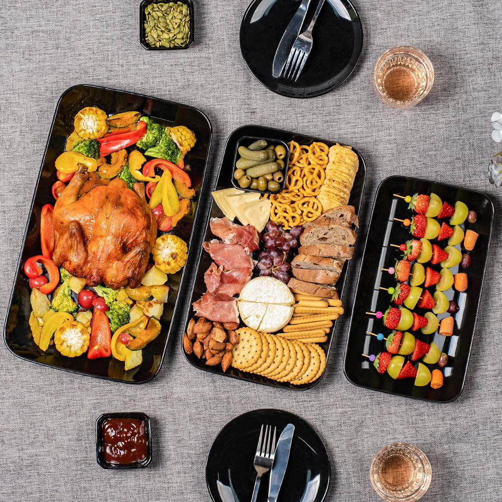 DELLING Large Serving Platter Set of 3, 16/14/12 Inch Porcelain Serving Trays for Party - Black Ceramic Rectangular Platters for Entertaining,Platter for Thanksgiving Christmas, Dishwasher Oven Safe
