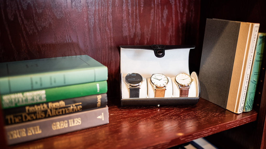 CASE ELEGANCE Travel Watch Case Roll Organizer for Men - 3 Watch Box & Vegan Faux Leather Watch Display Case - Mens Watch Holder, Storage & Travel Organizer - Black