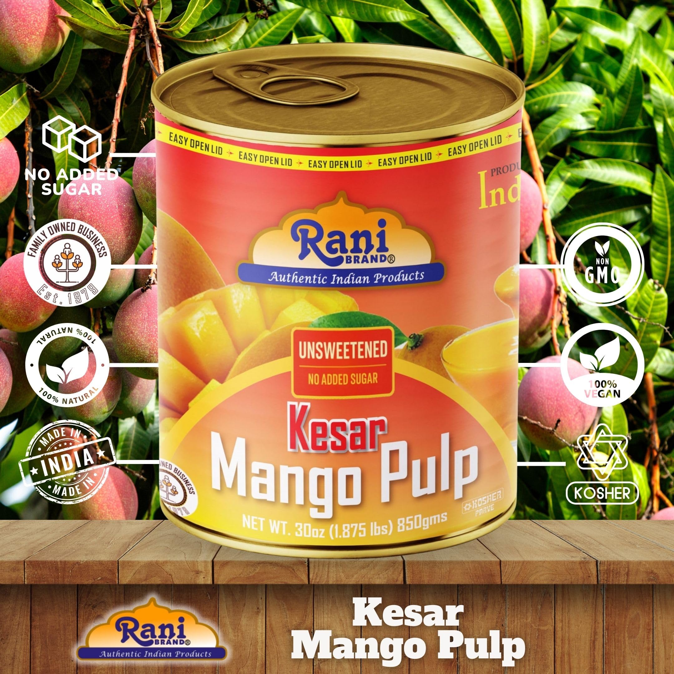 Rani Mango Pulp Puree (Makes Mango Lassi Shakes) Alphonso Sweetened 30oz (1.875lbs) 850g ~ Kosher | All Natural | NON-GMO | Vegan | No colors | Gluten Friendly | Indian Origin