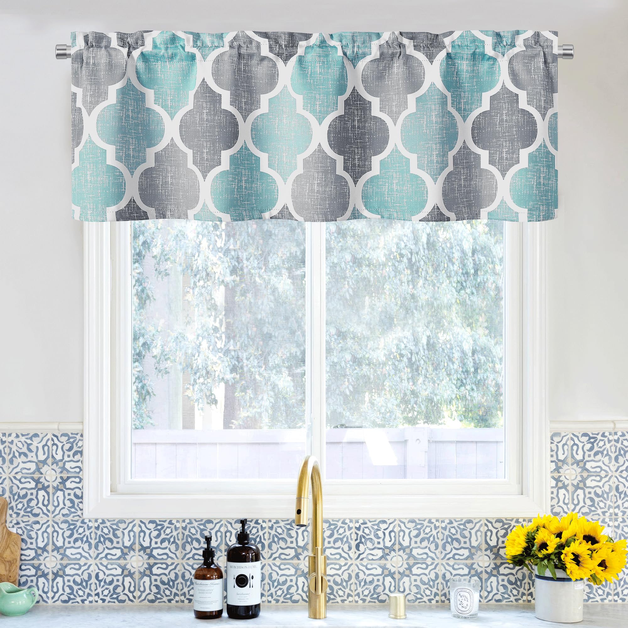 Beauoop 100% Blackout Curtains 45 Inches Long 2 Panels for Bedroom Living Room Aqua Grey Moroccan Geo Room Darkening Thermal Insulated Soundproof Grommet Top Window Treatments Drapes, 50x45 Set of 2