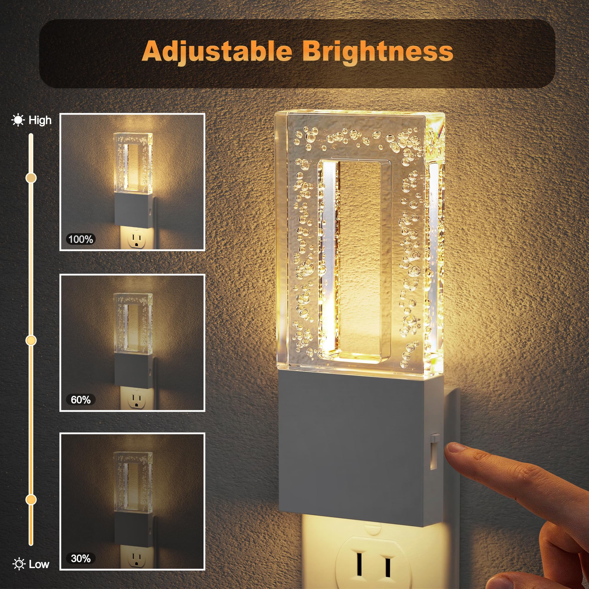 JandCase Night Lights Plug into Wall, Dusk to Dawn Sensor, 3000K Soft White LED, Acrylic Design, 0-100lm Adjustable Brightness, for Bedroom, Bathroom, Living Room, Hallway