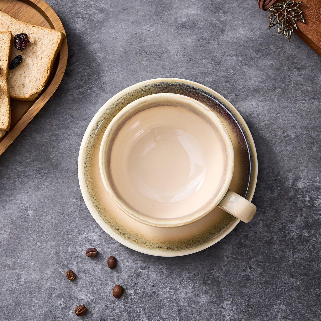 Coffeezone Vintage Design 12 oz Ceramic Latte Art Cappuccino Barista Cup with Saucer (Beige)