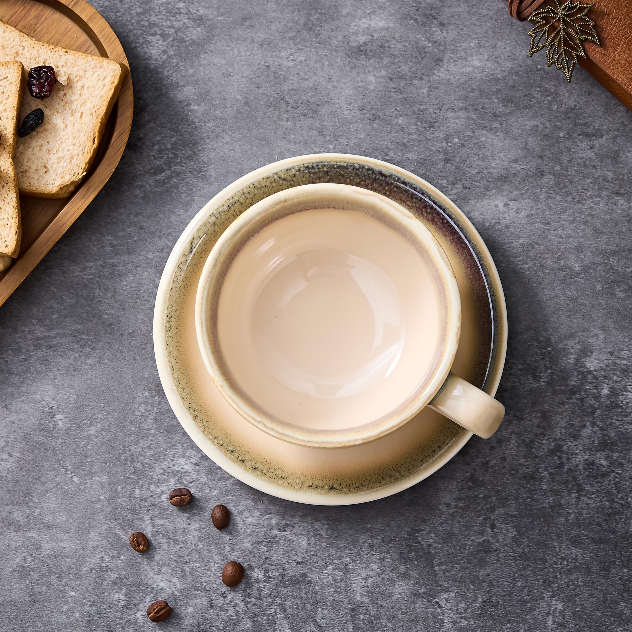 Coffeezone Vintage Design 12 oz Ceramic Latte Art Cappuccino Barista Cup with Saucer (Beige)