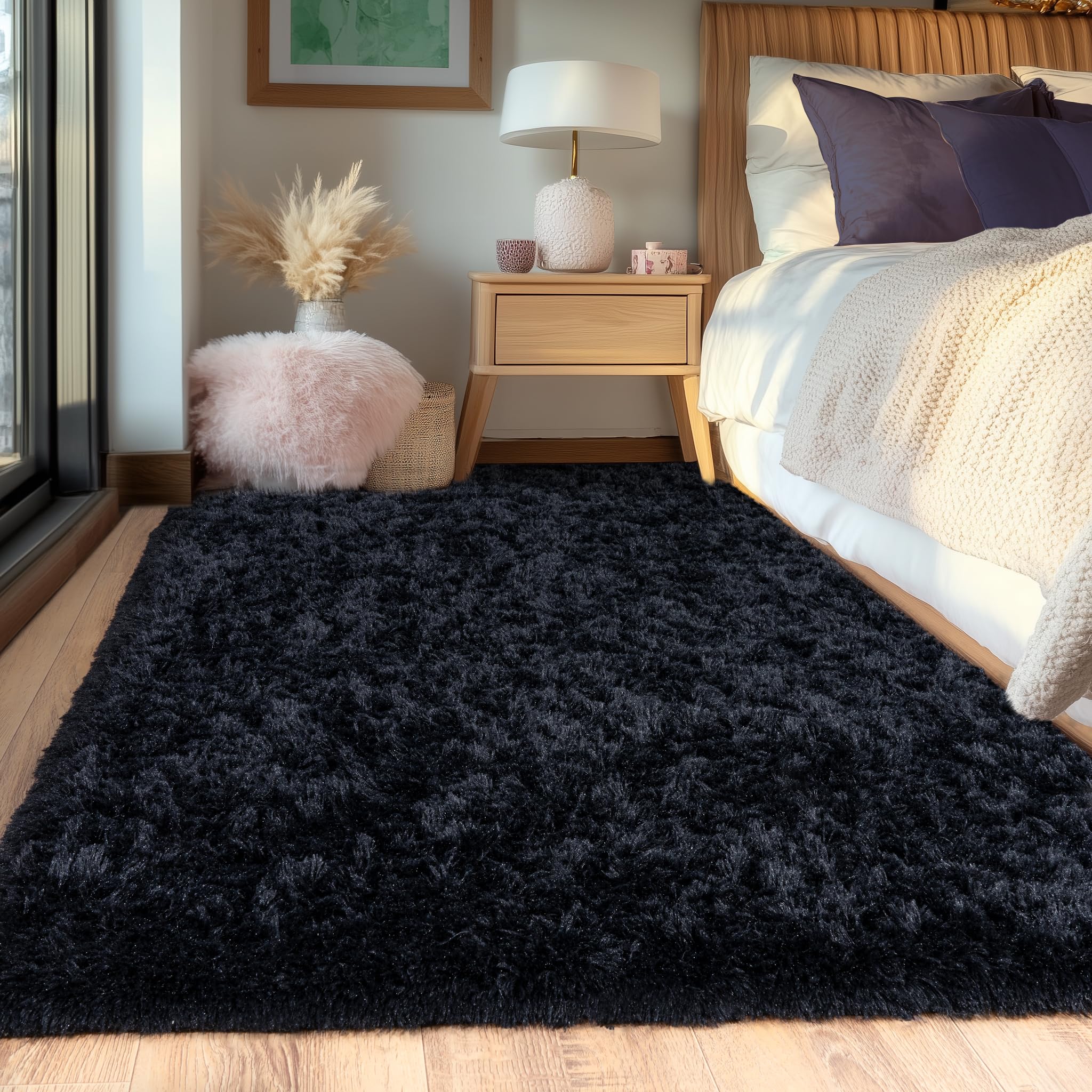 Beige Fluffy Rug for Bedroom 4x6ft - Ultra Soft & Non Slip Shaggy Area Rug, Comfy Durable Carpet for Living Room Kids Room Teens Dorm Home Decor, 1.7'' Thick Indoor Plush Carpets
