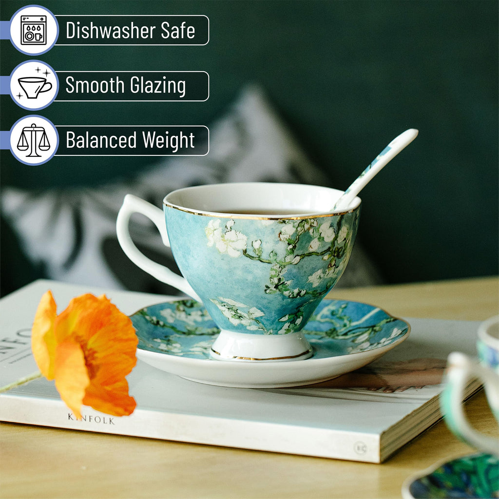 BTaT- Tea Cups and Saucers, Set of 6 with Spoon, 8 oz, Fine Porcelain Teacup Set with Gold Trim for Afternoon Tea, Weddings, Parties & Gifting, Dishwasher Safe, Lightweight, Non-Toxic