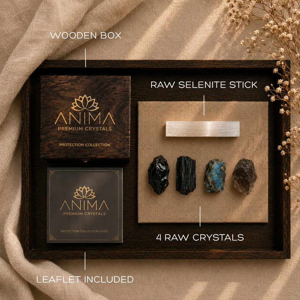 Anima Premium 7 Chakra Healing Crystals Set for Energy Alignment - Large Raw Amethyst, Rose Quartz, Citrine, Lapis Lazuli, Clear Quartz, Tigers Eye & Red Jasper - Wooden Gift Box & Guidebook Included
