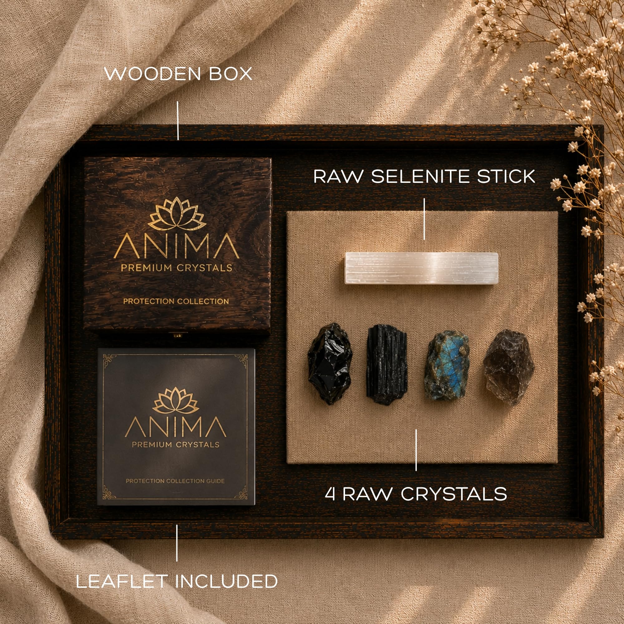 Anima Premium 7 Chakra Healing Crystals Set for Energy Alignment - Large Raw Amethyst, Rose Quartz, Citrine, Lapis Lazuli, Clear Quartz, Tigers Eye & Red Jasper - Wooden Gift Box & Guidebook Included