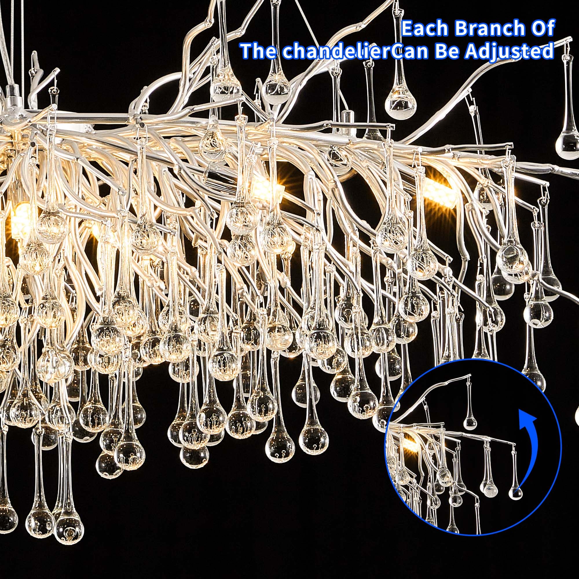 Modern Crystal Raindrop Chandelier, L40'' Black Linear Rectangle Art Deco Tree Branch Lighting Fixture for Kitchen Island Living Room Foyer Staircase 10 Lights