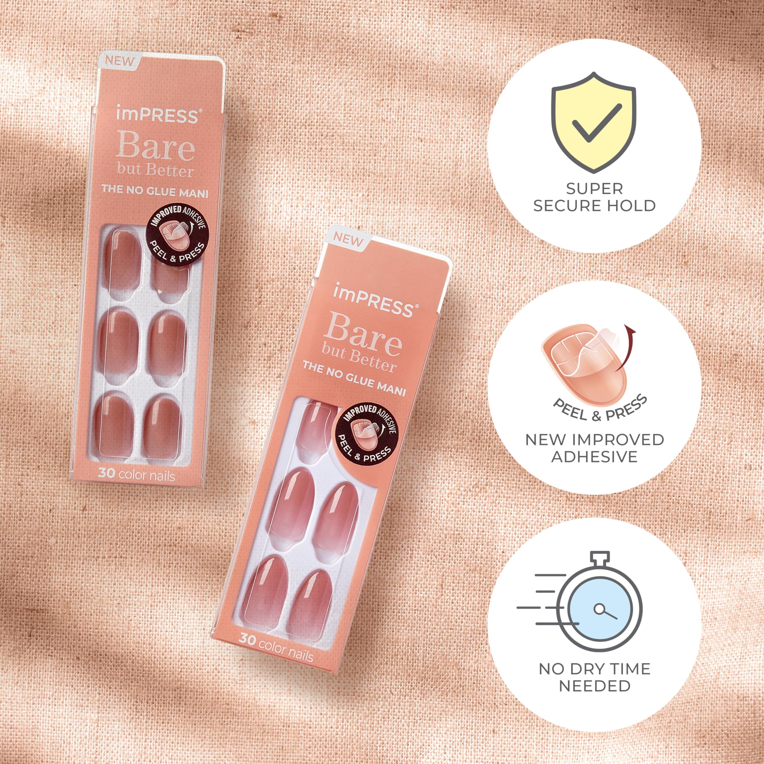 KISS imPRESS No Glue Mani Press On Nails, Bare but Better, 'Flare', Medium Neutral, Medium Size, Coffin Shape, Includes 30 Nails, Prep Pad, Instructions Sheet, 1 Manicure Stick, 1 Mini File