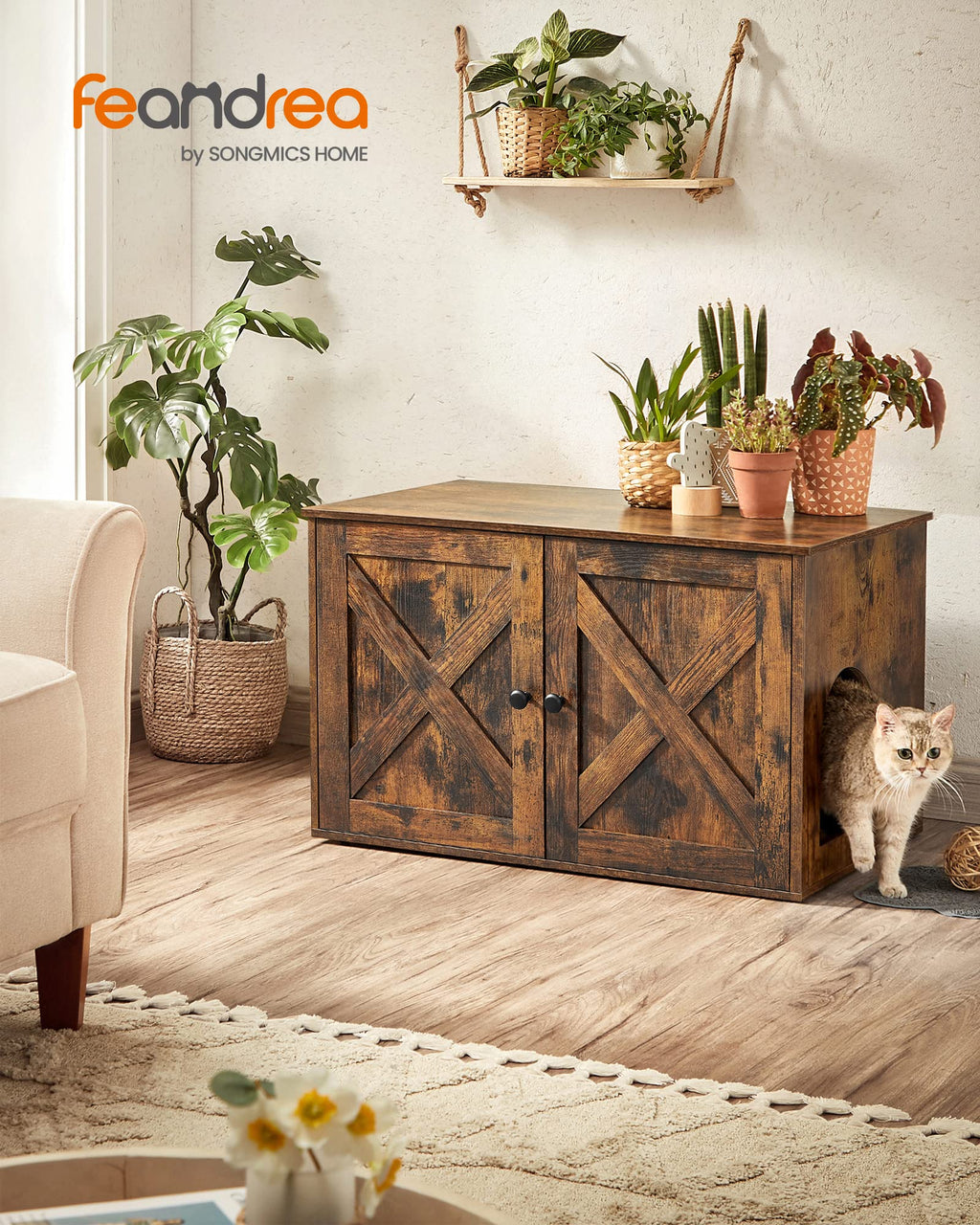 Feandrea Cat Litter Box Enclosure, Litter Box Furniture Hidden, Indoor Cat House, End Table, 27.6 x 19.7 x 19.7 Inches, Heather Greige UPCL022K01