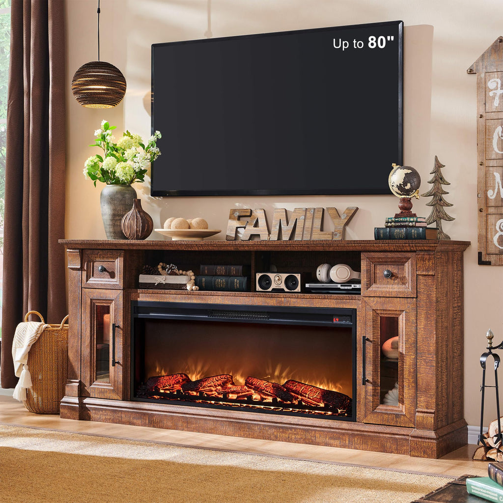 OKD Fireplace TV Stand for 80 Inch TV - Farmhouse Entertainment Center with 42" Electric Fireplace & LED Lights, Wood Media Console with Storage Drawers & Cabinets for Living Room, Antique White