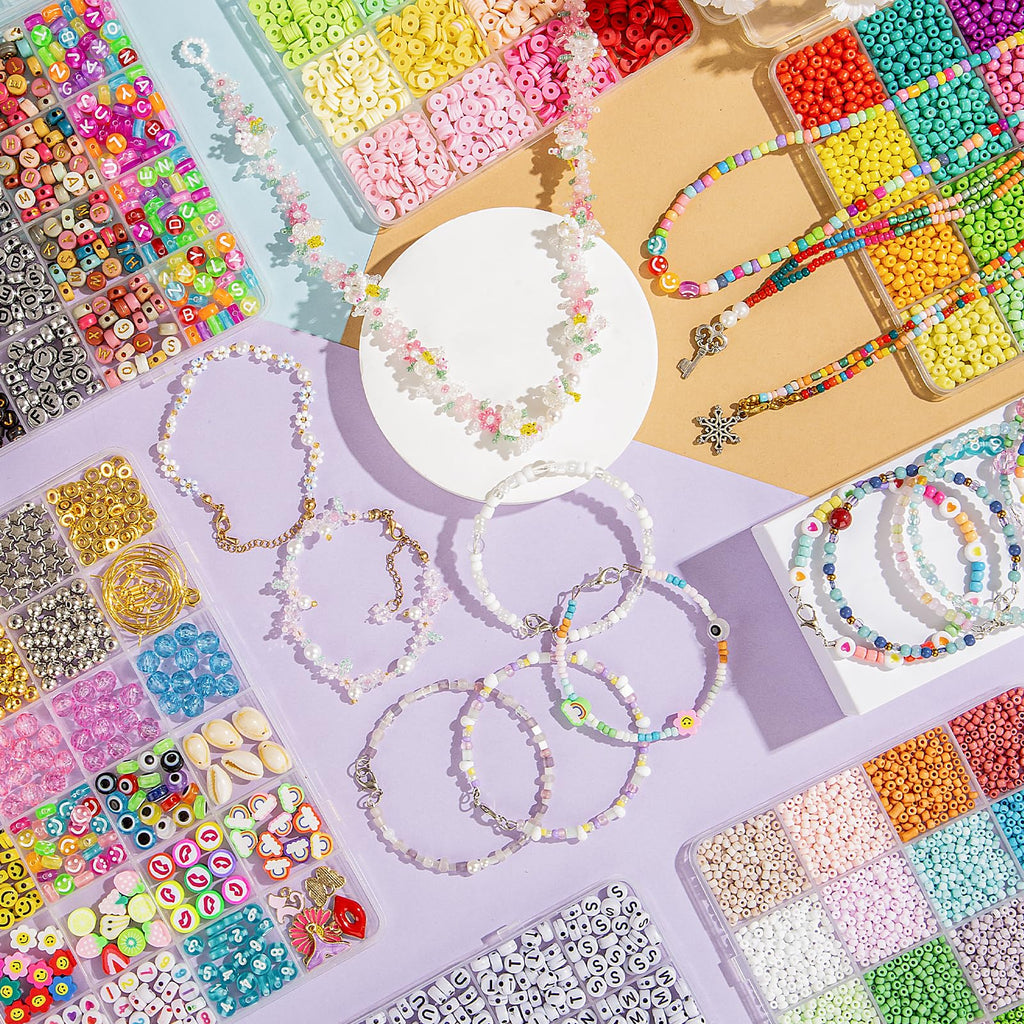 Goldwise Friendship Bracelet Kit - 4 Boxes, 48 Colors Clay & 4mm Seed Beads, Letter Beads, Charms for Jewelry & Bracelet Making for Gifts & Parties