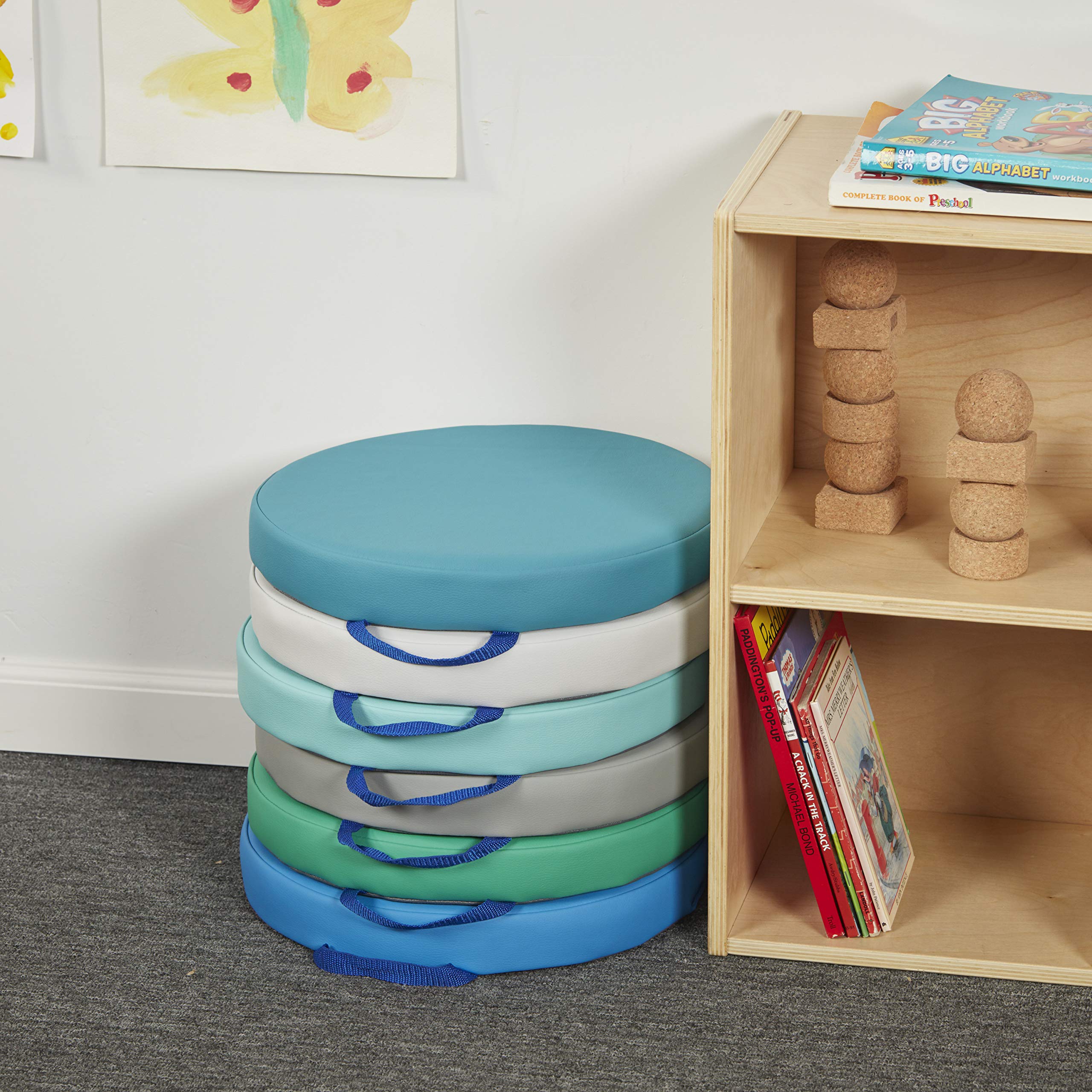 Factory Direct Partners SoftScape 15 inch Square Classroom Floor Cushions with Handles; Flexible Seating for Daycare, Preschool, Playroom; 2 inch Thick Deluxe Foam (6-Piece) - Assorted, 12228-AS