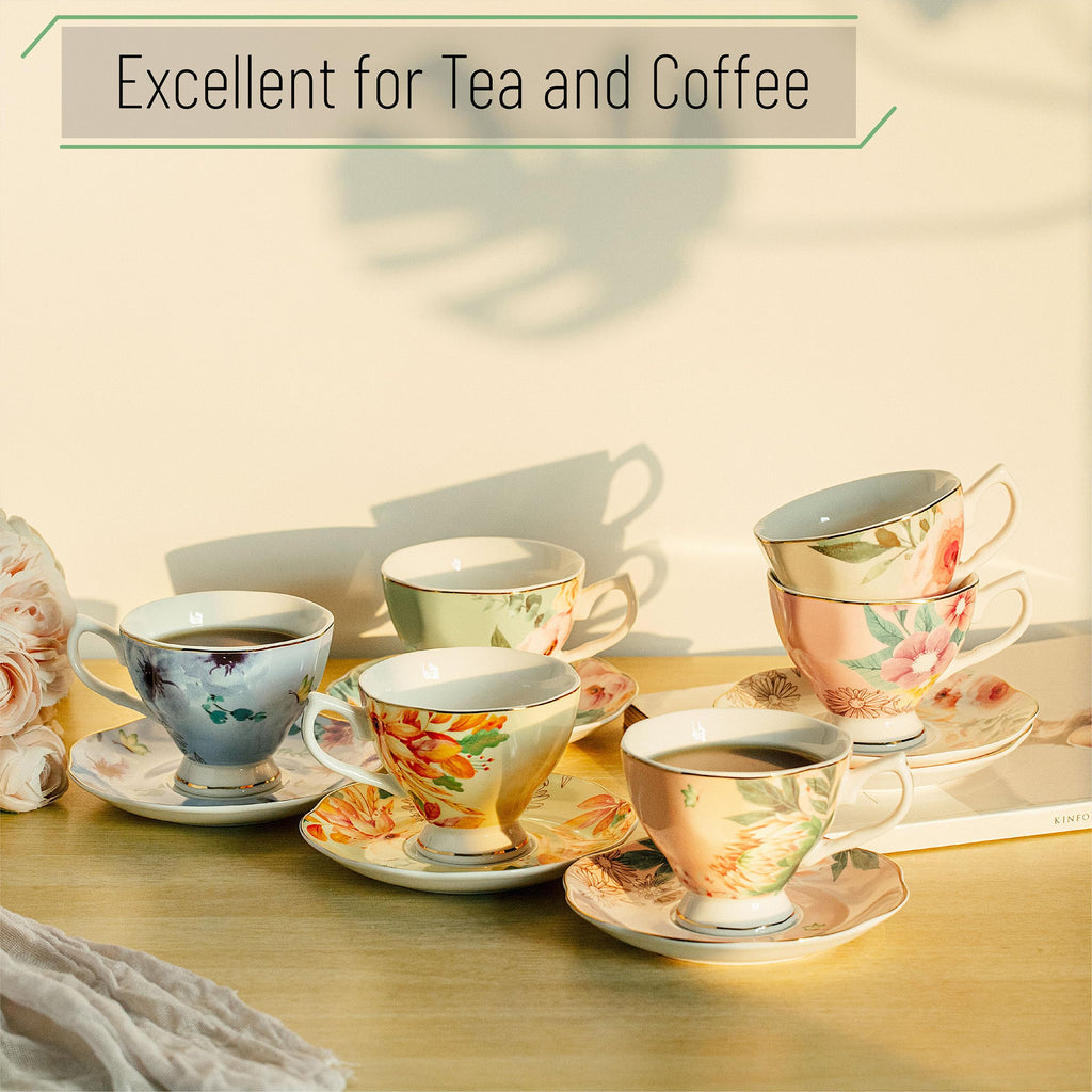 BTaT- Tea Cups and Saucers, Set of 6 with Spoon, 8 oz, Fine Porcelain Teacup Set with Gold Trim for Afternoon Tea, Weddings, Parties & Gifting, Dishwasher Safe, Lightweight, Non-Toxic