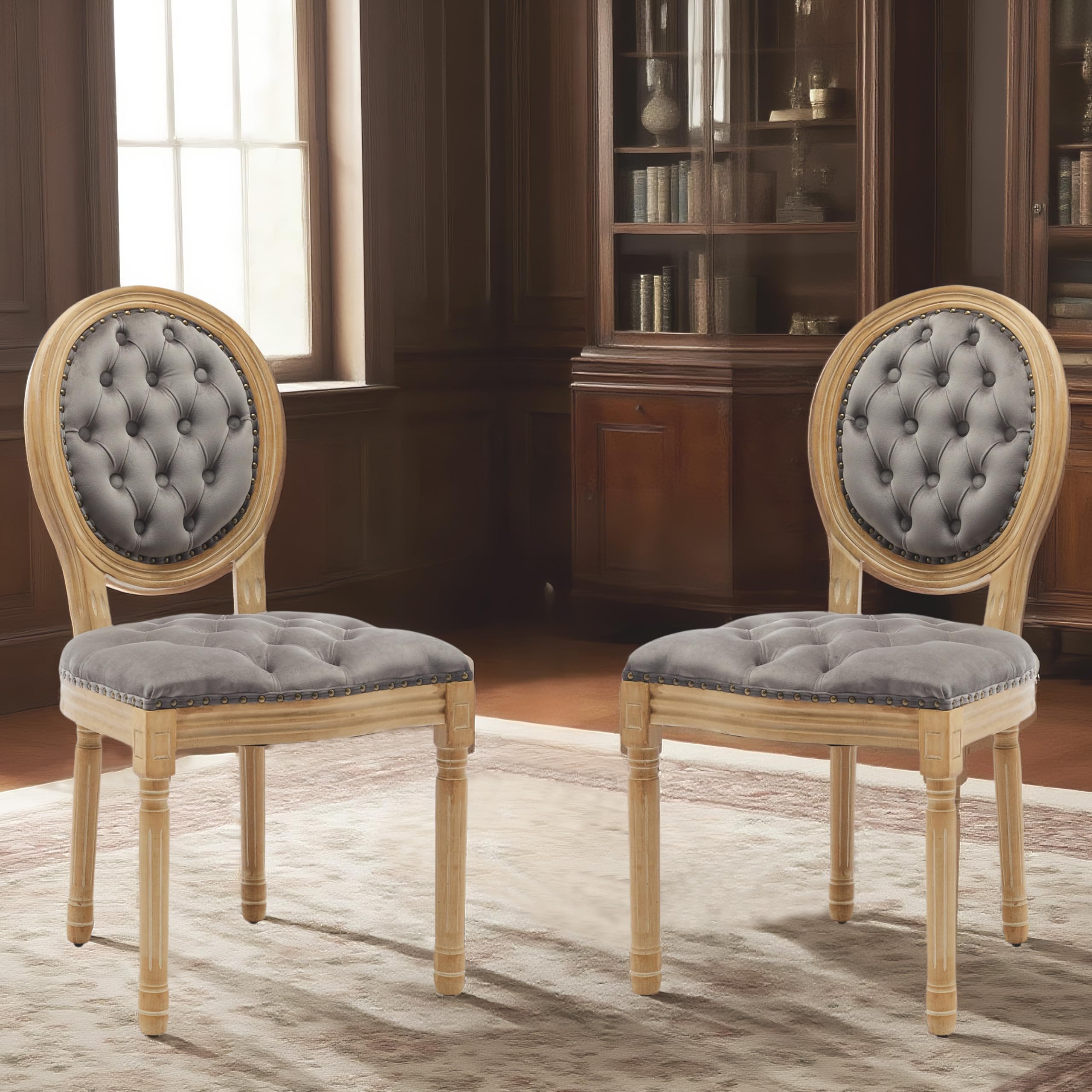 SoarFlash Linen French Dining Chairs Set of 2, Vantage Dining Chair with Round Back, Wood Leg Farmhouse Country Dining Chair for Living Room,Kitchen,Bedroom,Beige