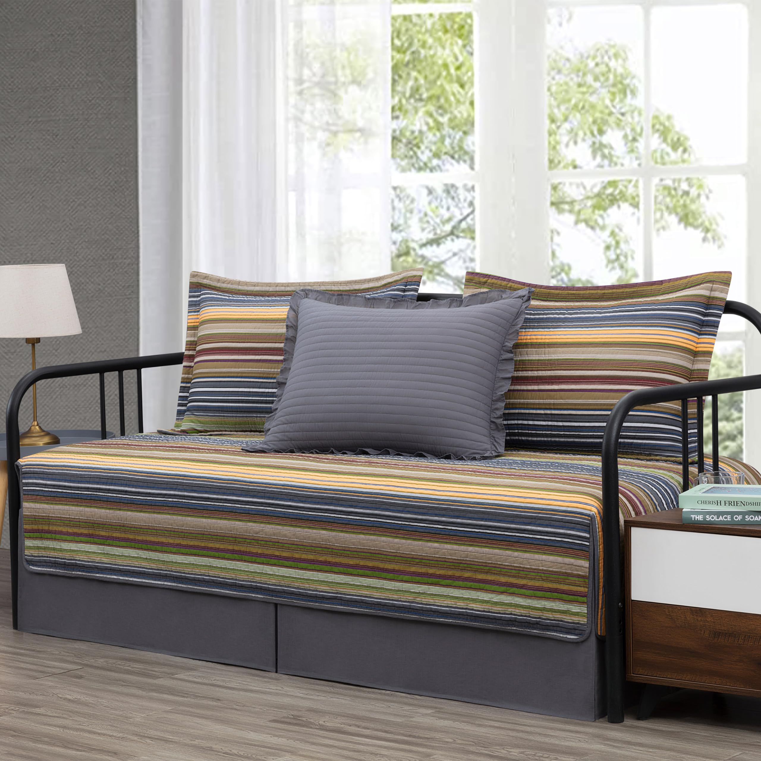 Chezmoi Collection Avery Striped Cotton Quilt Set Twin Size, 2-Piece Soft Pre-Washed 100% Cotton Quilt, Multi-Color Brown