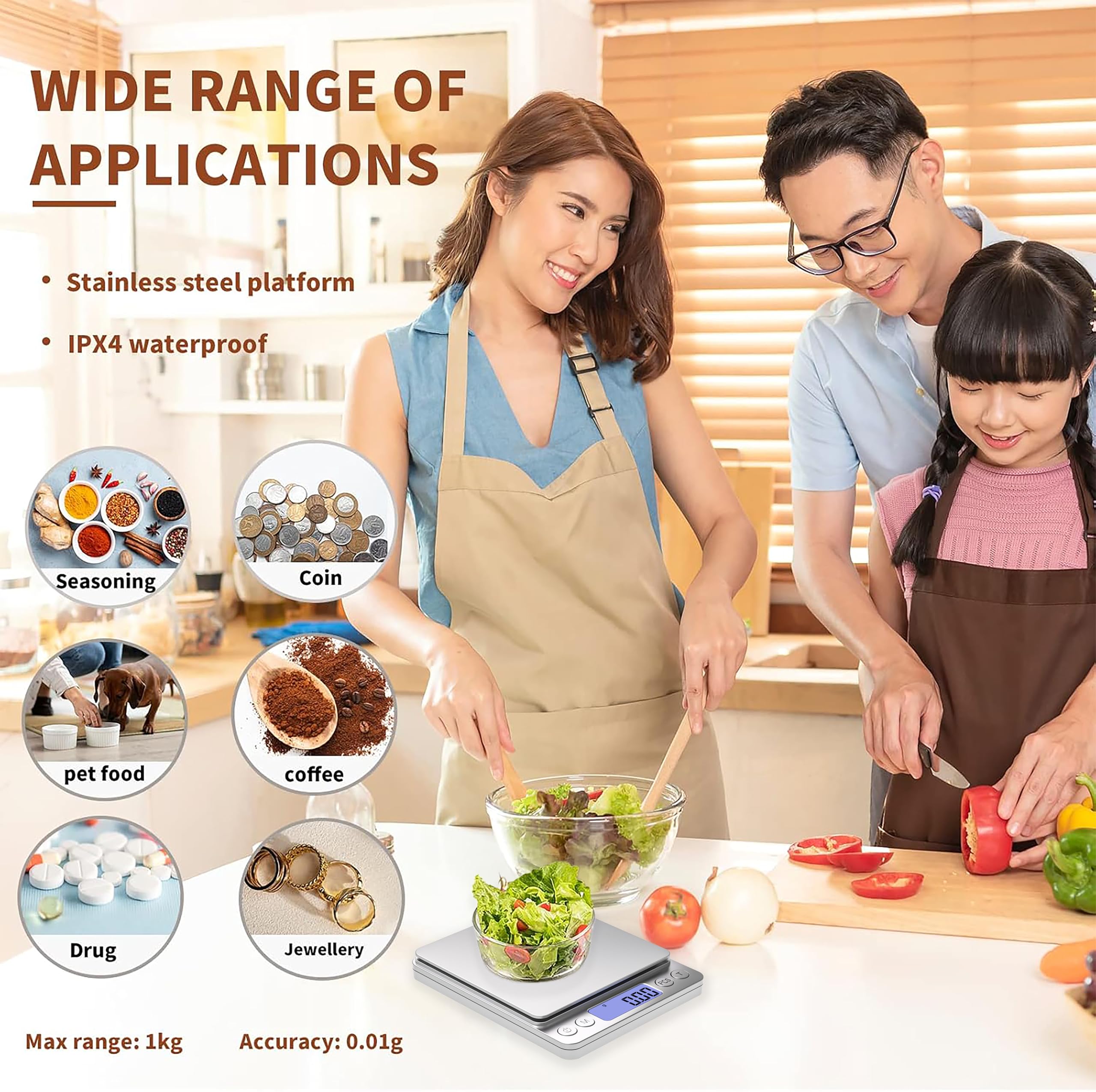 Small Digital Gram Scale 1000g by 0.01g, MEIYA High Accuracy Scale for Food Ounces and Grams, Upgrade USB Charging Kitchen Scale Digital Weight for Cooking, Baking, with Tare Function, 9 Units, 2 Tray