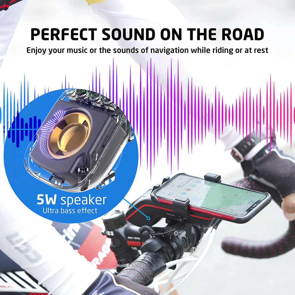 UPPEL Bluetooth Speaker Bicycle, Multifunctional Bike Phone Holder 10-in-1- LED Light - Bike Horn - Microphone - Ideal for Road & Mountain Bike (Black)