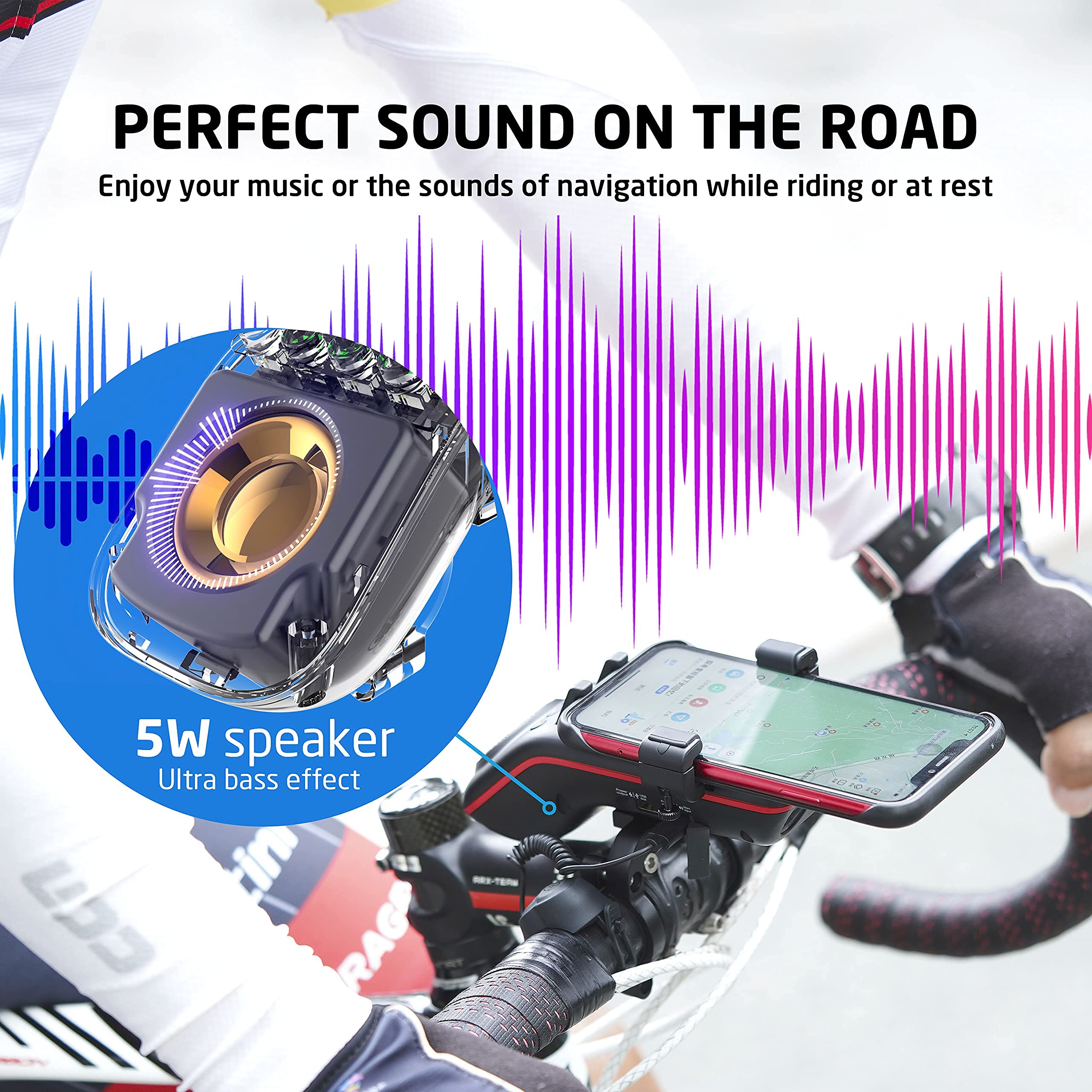UPPEL Bluetooth Speaker Bicycle, Multifunctional Bike Phone Holder 10-in-1- LED Light - Bike Horn - Microphone - Ideal for Road & Mountain Bike (Black)