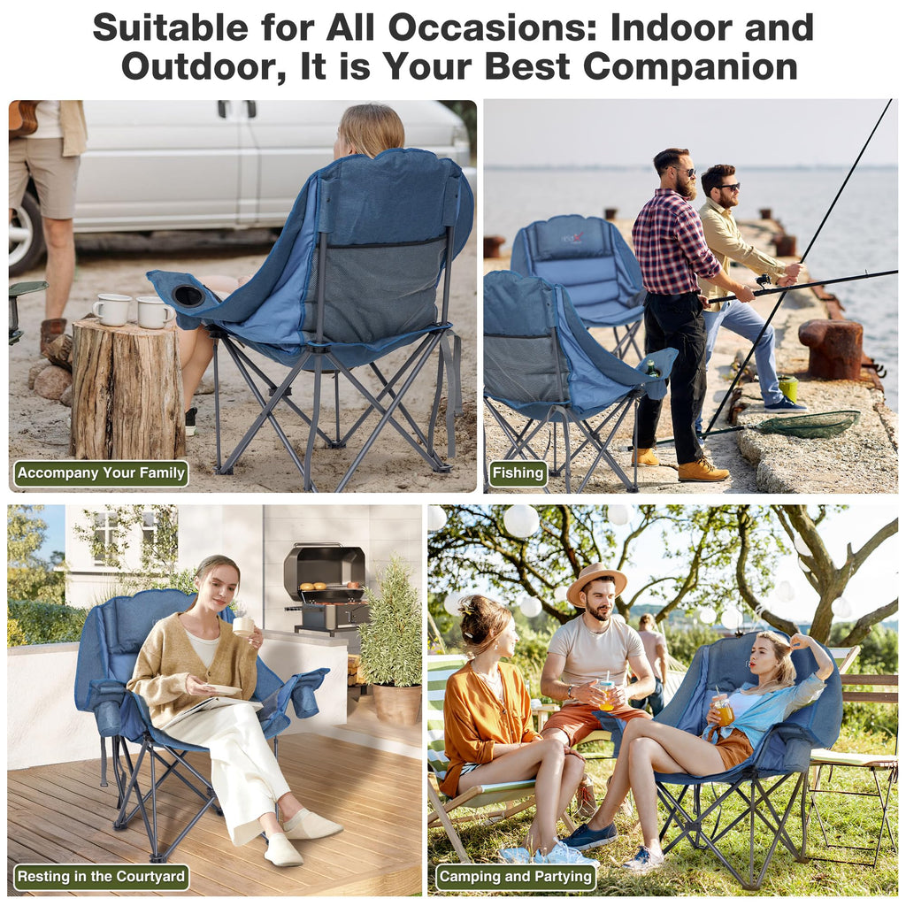 Double Camping Chair Heavy Duty Oversized Padded Loveseat for Adults 2 Person Outdoor Portable Camping Chairs for Lawn, Backyard, Fishing, Trip, Support 600lbs, Grey