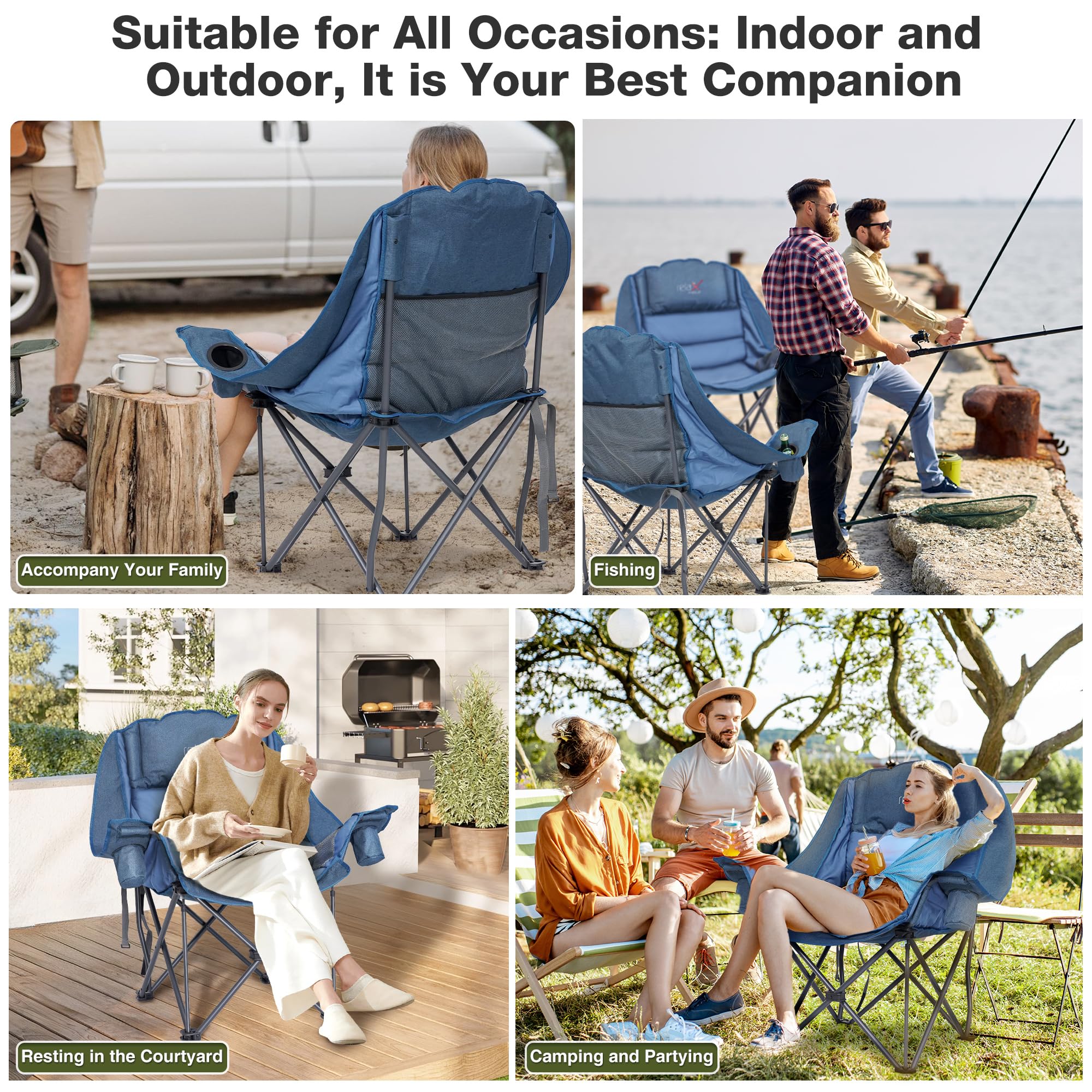 Double Camping Chair Heavy Duty Oversized Padded Loveseat for Adults 2 Person Outdoor Portable Camping Chairs for Lawn, Backyard, Fishing, Trip, Support 600lbs, Grey