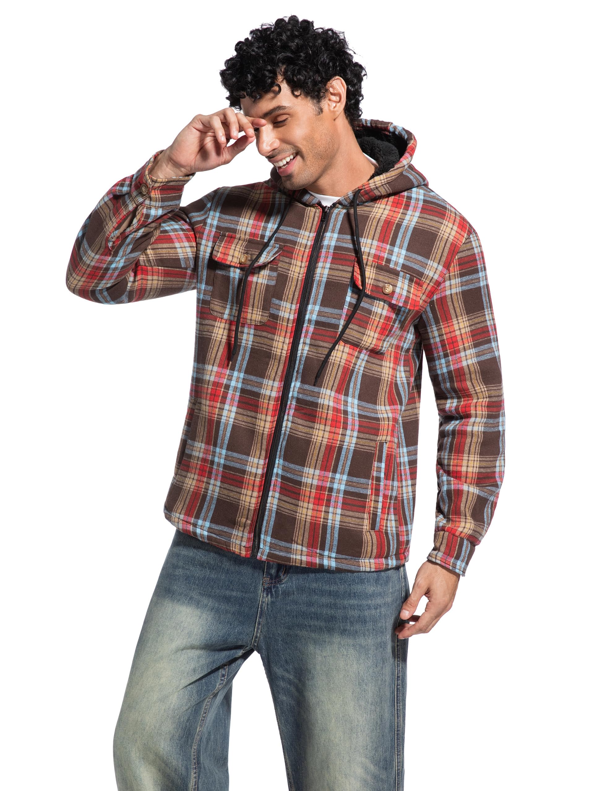 Men's Flannel Plaid Hooded Jackets Full Zip Sherpa Fleece Lined Hoodies Fashion Warm Coat