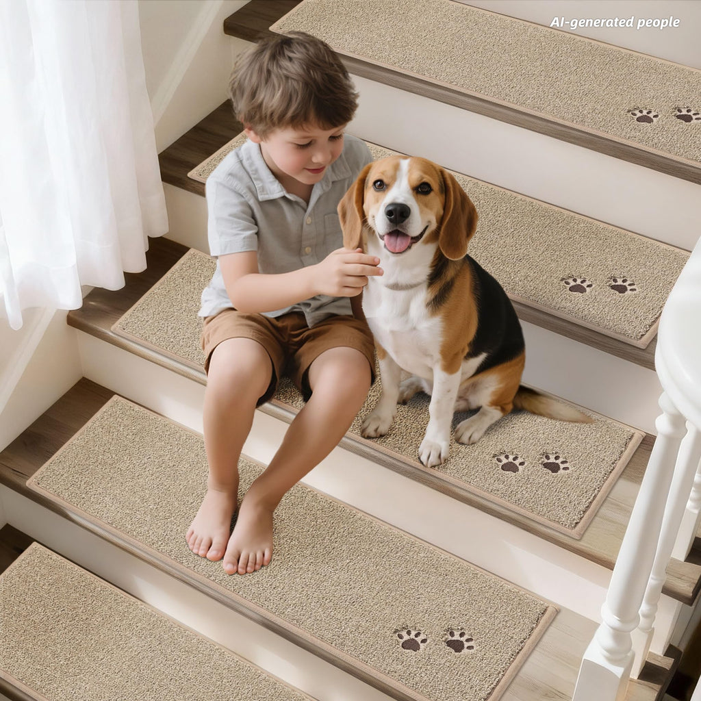 BEQHAUSE Stair Treads for Wooden Steps 28inX9in, Non Slip Carpet Stair Treads Indoor Stair Runners Machine Washable, Soft Stair Rugs Mat Surface Polyester TPE Backing, 4pcs, Beige