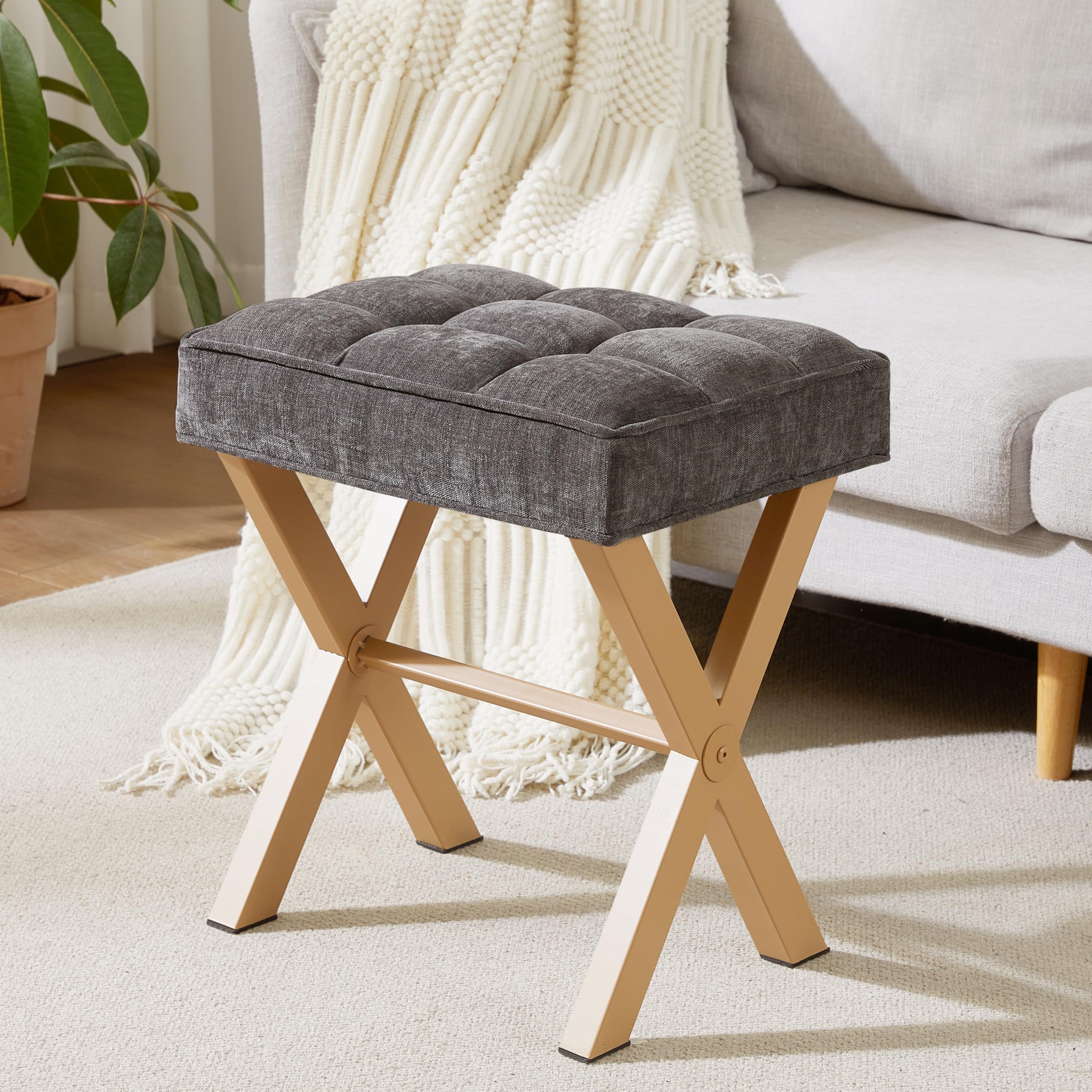 Royal Windsor Vanity Stool with Saddle Cushion, 18 Inch Makeup Vanity Chair for Living Room, Modern Foot Stool Ottoman Piano Bench,Small Upholstered Bench for Bedroom, Beige
